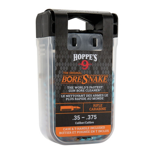 DESCRIPTION
.35-.375 Caliber Rifle Boresnake With Den
by HOPPE'S

Product Overview:

The original fastest bore cleaning tool on the planet has a new home - The Den. Hoppe's Boresnake Den is a compact carrying case with a built-in handle for easy storage between firearm cleanings. It conveniently fits in a range bag or backpack to protect your Boresnake brushes during transport.

The lid of the Snake Den doubles as a convenient pull handle that snaps into the clear case for storage. A one pass solution, Boresnake uses an integrated bronze brush to scrub out carbon fouling, while the tail clears the barrel of loose debris with a surface area 160x larger than a standard patch.

Specifications & Features:

Convenient new case for easy storage and transport
Lid acts as a pull handle
Includes The Original BoreSnake
One Piece design
Brass weight on pull cord has size stamped on it
Machine Washable