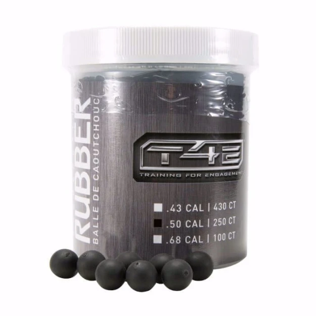 T4E® .50 Cal Rubber Training Ammo – 250 Count
T4E® .50 caliber rubber training ammo is intended for practice use with compatible .50 caliber T4E® markers.

Product Overview
This .50 caliber rubber ammunition allows users to conduct training with their .50 caliber T4E® TR50 or .50 caliber T4E® Practice 2 Protect handguns. The package includes 250 rubber rounds, providing a bulk quantity suitable for repeated practice sessions.

Reusable Rubber Ammunition
These rubber rounds are reusable. After use, the rounds can be collected, inspected for chips or breakage, and reused if undamaged. Rounds showing chips or breakage should be discarded. Reusable rubber ammunition allows users to extend the life of their training supply.

Projectile Details
Each .50 caliber rubber round weighs approximately 17.4 grains.

Key Features
.50 caliber rubber training ammunition
Compatible with .50 caliber T4E® TR50
Compatible with .50 caliber T4E® Practice 2 Protect handguns
Reusable rubber rounds
Approximately 17.4 grains per round
250-count bulk package