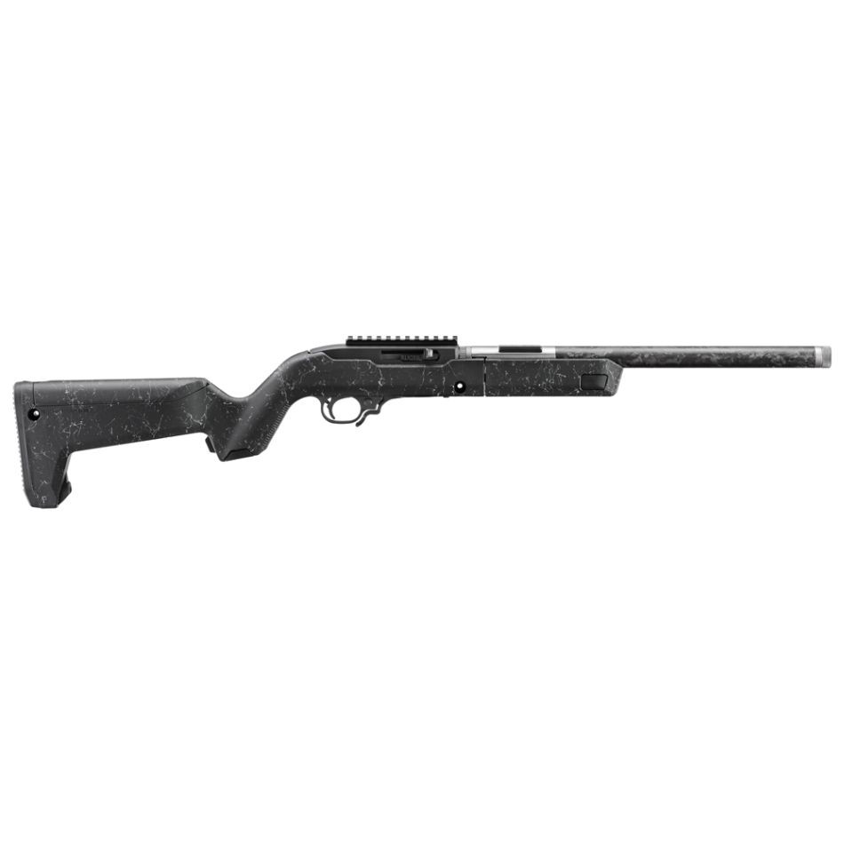 Features a Magpul® X-22 Backpacker stock with an ergonomic handguard, optional QD sling mounting capability, integrated storage compartment in the grip, a hinged storage compartment in the stock capable of storing up to three spare 10-round magazines, an MOE SL® non-slip rubber buttpad, and a unique locking interface to attach the barrel assembly to the receiver when being transported.
Cold hammer-forged barrel tensioned in carbon fiber sleeve features a 1/2"-28 threaded muzzle and is fitted with a thread cap which can be removed to allow for the use of muzzle accessories.
BX-Trigger® with a light, crisp 2.5 - 3 pound trigger pull weight with minimal overtravel and a positive reset.
Barrel mounted red dot optic plate attaches directly to the barrel so your optic returns to the exact same relationship with the bore every time you reassemble your rifle.
Detachable 10-round rotary magazine features a unique rotor to separate cartridges and provide reliable feeding.
Easy-to-use, extended magazine release provides smooth, no-fuss removal of flush-mounted magazine.
Positive, push-button, cross-bolt manual safety.
Factory-installed, one-piece aluminum scope rail.
Match bolt release allows you to easily advance the bolt with a quick pull and release to the rear.
Heat-stabilized, glass-filled, polymer trigger housing assembly is precision made of high-tech material for improved manufacturing tolerances, impact and abrasion-resistance and an unmatched ability to withstand the elements.
This legendary action is a tried and true Ruger design that ensures consistent, reliable performance.

More Information
Firearm Model / Series	10/22
Caliber / Gauge	22 LR
Left / Right Handed	Right Handed
Barrel Length (inch)	16.1
Stock Material	Synthetic
Manufacturer Number	32034