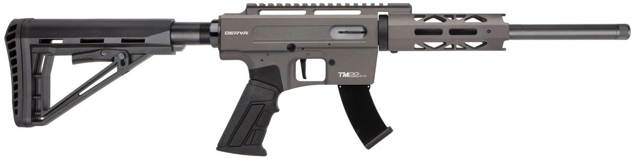 Derya TM22 Pro Semi-Auto Rifle (Sniper Grey)

The Derya TM22 Pro is a premium .22 LR semi-automatic rifle designed for shooters who demand performance, reliability, and modern styling. Built with a rugged aluminum receiver and a precision barrel, the TM22 Pro delivers excellent accuracy while maintaining a lightweight, well-balanced feel.

Featuring an ergonomic pistol grip, and an adjustable stock, the TM22 Pro offers exceptional comfort and customization for a wide range of shooters. Its Picatinny top rail allows easy mounting of optics, while the M-LOK handguard provides versatile accessory attachment options.

Whether you’re training, plinking, or competing, the TM22 Pro combines high-end construction with smooth operation in a refined rimfire platform. The Derya TM22 Pro is an excellent choice for shooters looking for a modern, feature-rich rimfire rifle built to perform.

Features:

Semi-automatic .22 LR rifle
Precision barrel for improved accuracy
Durable aluminum receiver
Adjustable CTR-like stock for length-of-pull customization
Picatinny top rail for optics
M-LOK handguard for accessories
Lightweight and balanced design
10, 15, and 25-round magazines are available!
Specifications:

Caliber: .22 LR
Action: Semi-Automatic
Operating System: Blowback
Sights: N/A
Stock: Adjustable 
Receiver: Aluminum 
Handguard: Floating Aluminum 
Barrel Length: 12", Threaded
Barrel Twist: 1:16" RH, 6 Grooves
Barrel Finish: Black
Overall Length: 28"
Weight: 6 lbs.
Part #: TM22-PRO-12-SGREY
Comes With:

2x Magazines
Tool Kit
Polishing Tissue
Owners Manual
Warranty Certificate