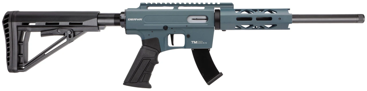 Derya TM22 Pro Semi-Auto Rifle (Blue Titanium)

The Derya TM22 Pro is a premium .22 LR semi-automatic rifle designed for shooters who demand performance, reliability, and modern styling. Built with a rugged aluminum receiver and a precision barrel, the TM22 Pro delivers excellent accuracy while maintaining a lightweight, well-balanced feel.

Featuring an ergonomic pistol grip, and an adjustable stock, the TM22 Pro offers exceptional comfort and customization for a wide range of shooters. Its Picatinny top rail allows easy mounting of optics, while the M-LOK handguard provides versatile accessory attachment options.

Whether you’re training, plinking, or competing, the TM22 Pro combines high-end construction with smooth operation in a refined rimfire platform. The Derya TM22 Pro is an excellent choice for shooters looking for a modern, feature-rich rimfire rifle built to perform.

Features:

Semi-automatic .22 LR rifle
Precision barrel for improved accuracy
Durable aluminum receiver
Adjustable CTR-like stock for length-of-pull customization
Picatinny top rail for optics
M-LOK handguard for accessories
Lightweight and balanced design
10, 15, and 25-round magazines are available!
Specifications:

Caliber: .22 LR
Action: Semi-Automatic
Operating System: Blowback
Sights: N/A
Stock: Adjustable 
Receiver: Aluminum 
Handguard: Floating Aluminum 
Barrel Length: 12", Threaded
Barrel Twist: 1:16" RH, 6 Grooves
Barrel Finish: Black
Overall Length: 28"
Weight: 6 lbs.
Part #: TM22-PRO-12-TITAN
Comes With:

2x Magazines
Tool Kit
Polishing Tissue
Owners Manual
Warranty Certificate