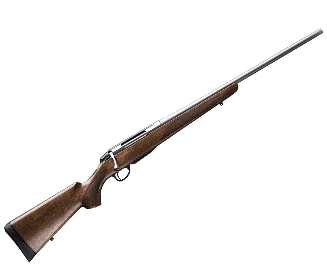	
Tikka T3x Hunter - Stainless - 30-06 Springfield - 22.4" - Wood Stock:

The Tikka T3x Hunter is designed for the shooter who appreciates the warm feel of a wooden stock combined with solid performance. The T3x Hunter offers an extensive caliber selection for hunting and sport-shooting purposes. It is built with traditional principles and modern innovation, providing you with a new level of accuracy, reliability, and enjoyment.

Features & Design:

Asymmetrical grip pattern and shape .
Recoil pad technology that reduces the impact of recoil on the shooter
Trigger pull can be adjusted from 1 to 2 kgs (2 to 4 lbs).
The steel trigger has vertical grooves for added feel and grip, even with gloves on
The bolt lift is only 70 degrees, leaving plenty of room for handling the bolt
Straight, true-feeding single-row detachable magazines for fast and sure repeating
T3 cold-hammer forged precision barrels are free-floating
