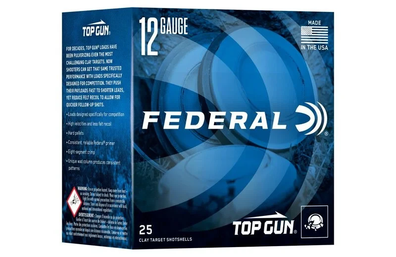 Product Overview
Even the most challenging targets are no match for consistent, hard-hitting Federal® Top Gun®. The loads' high-quality lead shot produce even patterns that crush clays.

Hard shot
Consistent, reliable Federal® primer
Eight-segment crimp
Unique wad column for consistent patterns
Designed specifically for skeet and sporting clays shooters