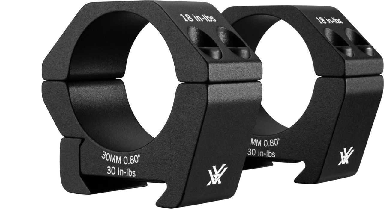 Sport 30mm Rings - Low 0.8"/20.32mm
VT-SPT30-L
 
About this product
Unlock your accuracy with lockdown rings built to endure centerfire recoil, the elements, and everything else you throw their way. There is no better ring to get you in the field faster or easier.

Specifications
Tube Size	30mm
Ring Height	Low
Center Scope Height	0.80"
Mount Type	Picatinny/Weaver®
Weight	1.54 oz. per ring
Cap Screw Bit Size	Torx<sup>&reg;</sup> T-25
Base Screw Bit Size	Torx<sup>&reg;</sup> T-25
Cap Screw Torque	15-18 in-lbs
Base Screw Torque	30 in-lbs

Feature Tech
Type 2 Low-Glare Matte Black Anodized
Laser Engraved Torque Specifications
Integrated Recoil Lug