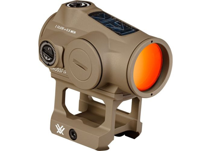 About The Product
From close-range drills or steel at distance, the Crossfire® II is built to grow with you. Quick to set up. Simple to run. It's motion-activated, magnifier and night-vision compatible. Mount it up, and make some noise.

Specifications
Dot Size	2 MOA
Dot Colour	Bright Red
Battery Type	CR2032
Battery Run Time	50,000 hrs / 150,000 with solar
Daytime Illumination Settings	10
Night Vision Illumination Settings	2
Magnification	1x
Eye Relief	Unlimited
Adjustment Graduation	1/2 MOA
Travel Per Rotation	22.5 MOA
Max Elevation Adjustment	100 MOA
Max Windage Adjustment	100 MOA
Length	2.60"
Weight	4.47 oz
Features
Solar Powered, With Auto D-TEC Technology	Detects light conditions to automatically draw power from solar or battery as needed.
Up to 150,000 Hour Battery Life	Using solar and battery power.
Motion Activation with 10 Minute Auto-Shutoff	Automatically activates with motion while 10 minute auto-shutoff saves battery life.
Daylight Bright	Daylight bright, illuminated center dot aids in faster center-point acquisition in bright daylight conditions.
Night Vision Compatible	Includes illumination settings that are night-vision compatible
Low-Glare Matte Black Anodize	Corrosion and wear resistant anodization provides low-glare matte surface and helps camouflage the shooter's position.
ArmorTek®	Ultra-hard exterior lens coatings defend against scratches, oil, and dirt.
Fully Multi-Coated Lenses	
Anti-reflective coatings on all air-to-glass surfaces provide increased light transmission for greater clarity and low-light performance.
Parallax Free	All red/green dots and holographic sights will exhibit some small amount of parallax. Matching current industry practice, this small amount would be considered "parallax free" and will make a negligible difference in performance.
Unlimited Eye Relief	Non-critical eye relief for rapid target acquisition.
Single-Piece Chassis	Compact and lightweight
Nitrogen Gas Purged	Gas purged and O-ring sealed for fogproof and waterproof performance in all conditions.
Waterproof	Designed to withstand harsh weather conditions.
Shockproof	Designed to withstand the highest levels of recoil and impact.
Fogproof	Designed to withstand a wide range of temperatures.