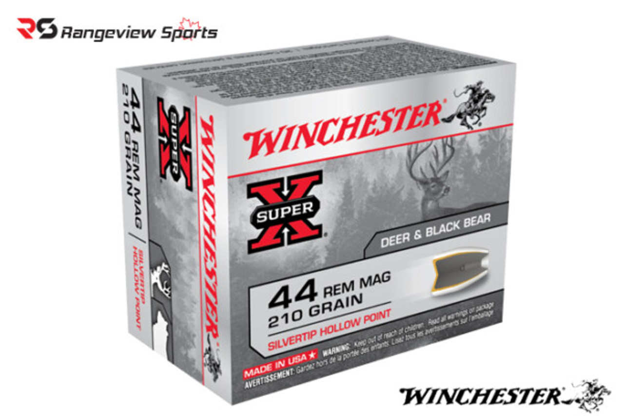 Winchester Super X 44 Mag Revolver Ammo, 210Gr SilverTip HP – 20Rds

Specifications:
Caliber: .44 Rem Magnum
Bullet Weight: 210 Grain
Bullet Type: SilverTip Hollow-Point
Case Type: Brass
Muzzle Velocity: 1250 FPS
Package Quantity: 20 rounds