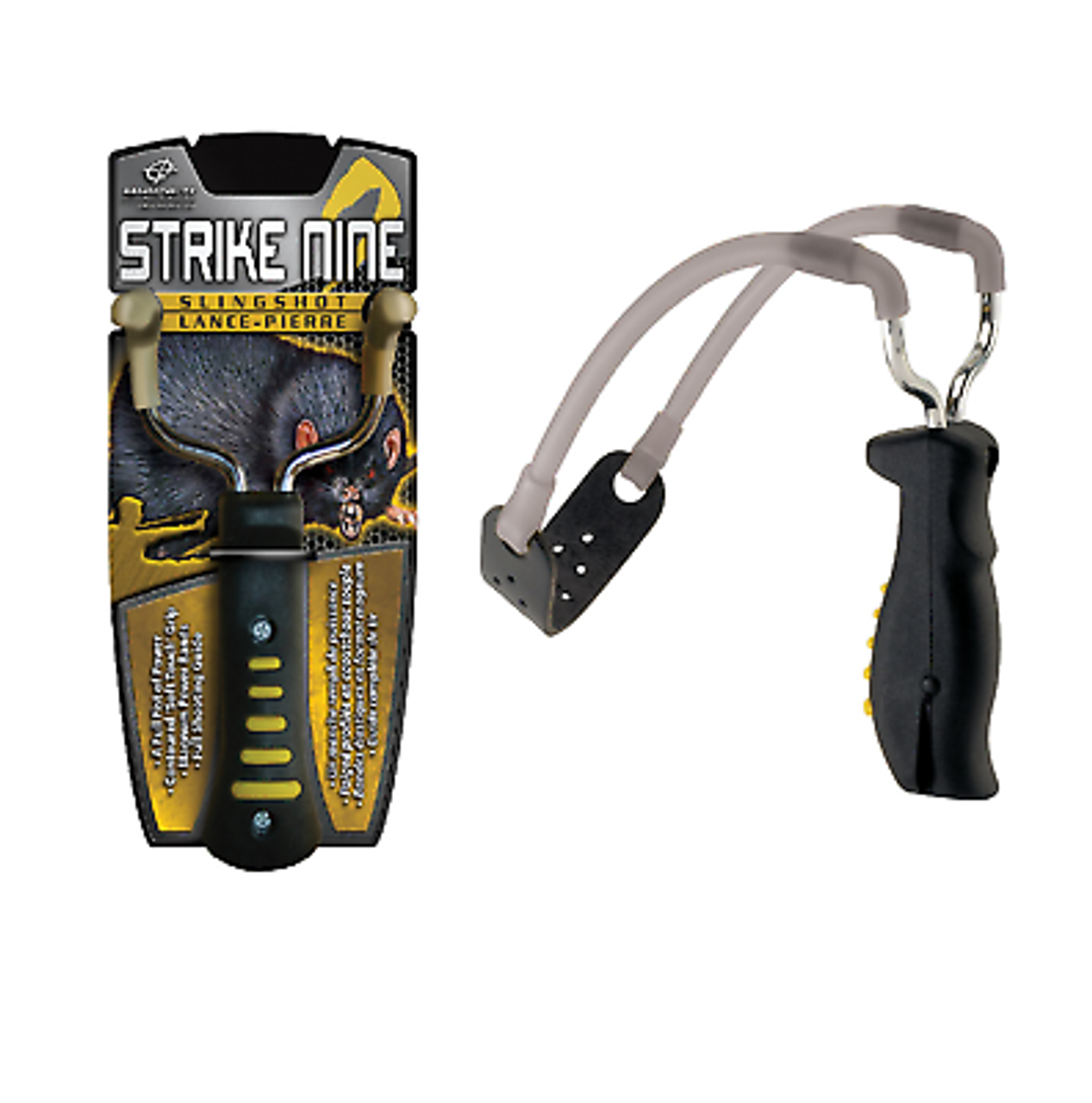 It's the ideal intruduction to the sport. The strike nine offers durable slingshot construction with solid range and accuracy.
• Contoured 'soft touch' grip
• Standard bands