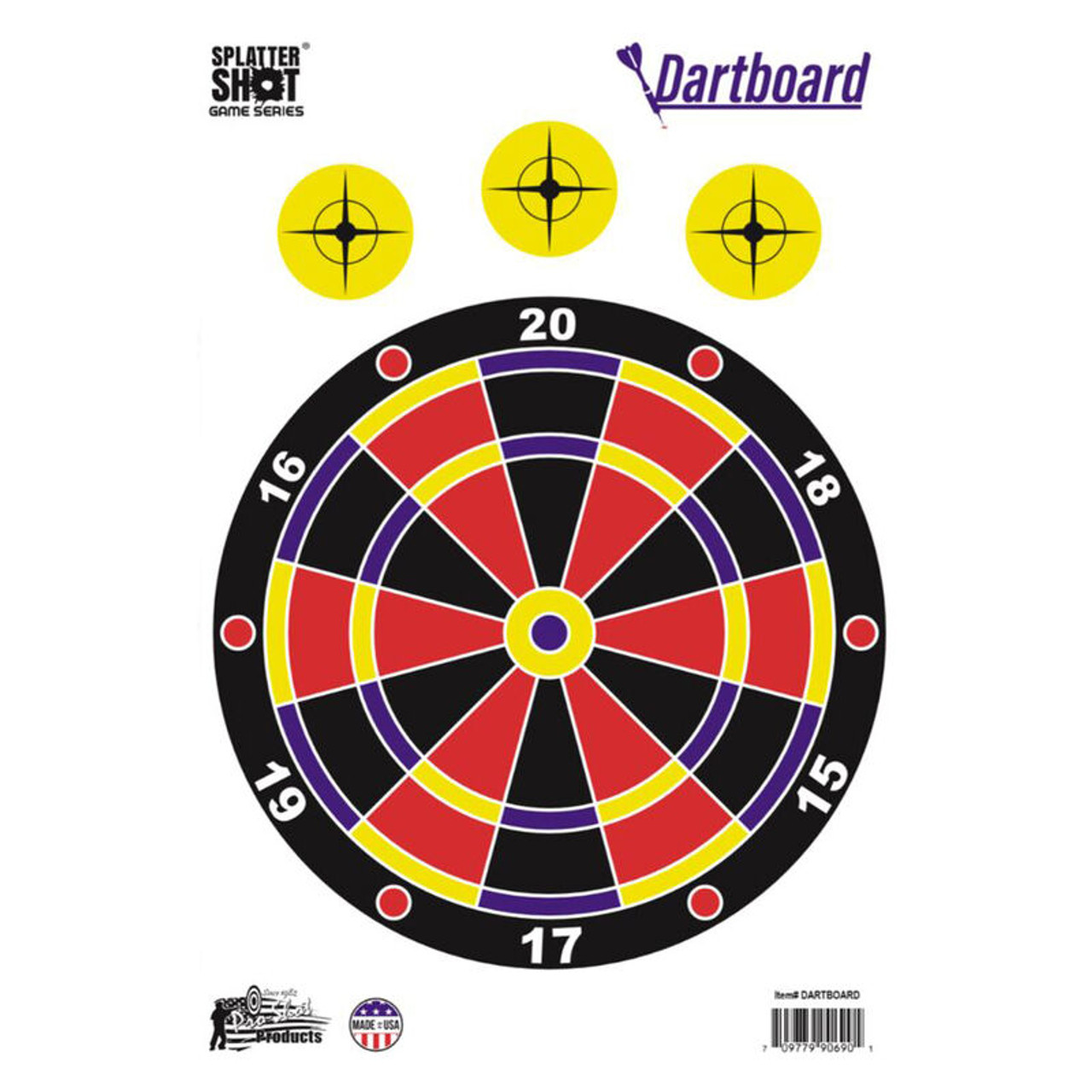 Pro-Shot splatter shot targets reveal where your shot hits in a bright reflective color allowing you to quickly see your shots from down range. The adhesive backing allows the target to adhere to smooth, flat surfaces.

Features and Specifications:
Size: 12" x 18"
Bullet Holes Revealed with Bright White Rings
6 Target Areas for Extended Use
Heavy Tag Paper
Package of 8 Targets
Made in the USA
