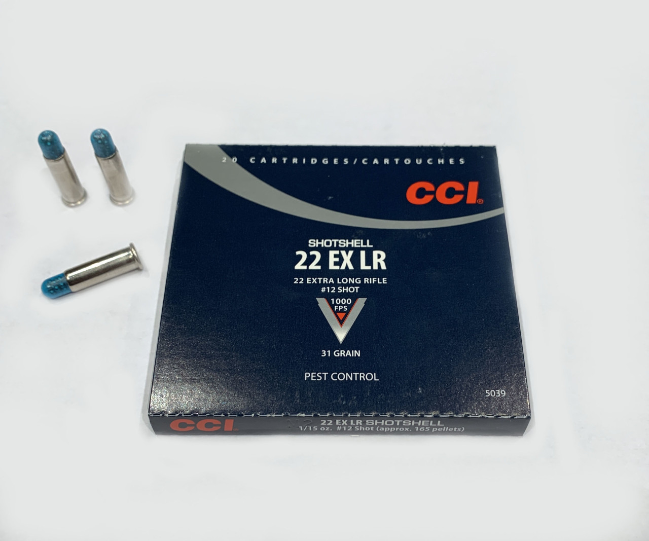 CCI Shotshell 22 EX LR Rimfire Ammo, 31Gr #12 Shot 1000FPS – 20Rds

Specifications:
Caliber: .22 EX LR
Shot Size: #12 Shot
Shot Load: 31 Grain
Case Type: Nickle-Plated Brass
Muzzle Velocity: 1000 FPS
Package Quantity: 20 rounds