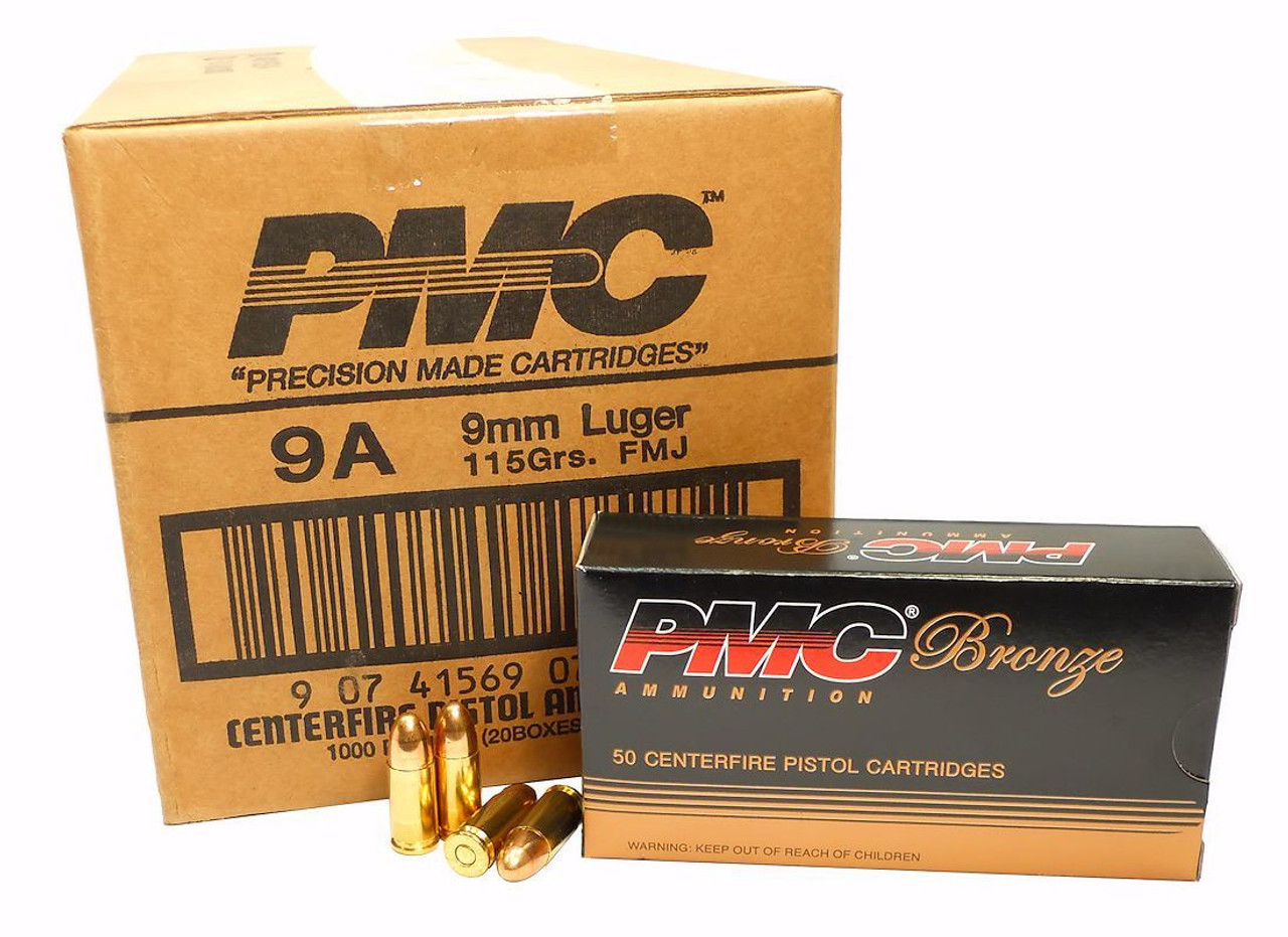 PMC 9mm Bronze Ammunition 115 Grain FMJ BOX of 50

PMC’s Bronze Handgun is manufactured with the same quality and dependability built into the Starfire ammunition. All PMC cartridges must pass through the rigorous inspection of the electronic powder check station. If the propellant in any cartridge varies by as little as two-tenths of one grain, the system stops, and that cartridge is discarded.

Brand	PMC
Caliber	9mm
Model	PMC9a
Bullet Weight	115 Grain
Bullet type	Full Metal Jacket
Reloadable	Yes
Case Type	Brass
Rounds per box	50 Rounds Per Box

Muzzle Energy	338 ft lbs
Muzzle Velocity	1150 fps
