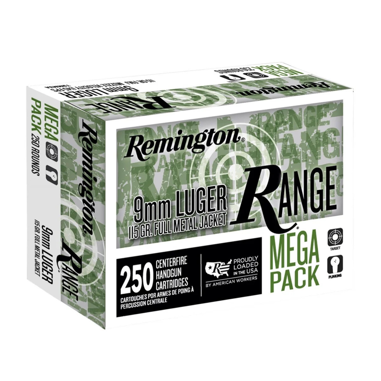 Remington 9mm 115gr FMJ 1000rds
 
Load up and head to the range for an all-day training session or casual target practice with Remington® Range 9mm Luger 115gr FMJ bulk ammo pack. This 1000-round case of range-safe target ammo is engineered to deliver exceptional accuracy and consistent performance at an affordable price. This bulk pistol ammo features quality FMJ bullets, clean-burning Kleanbore™ primers, and temperature-stable propellants for consistent velocities, dependable accuracy, and reliable field performance, packed in reloadable brass casings for consistent and flawless operation in virtually any pistol or PCC chambered in 9mm. 1000rnd Case