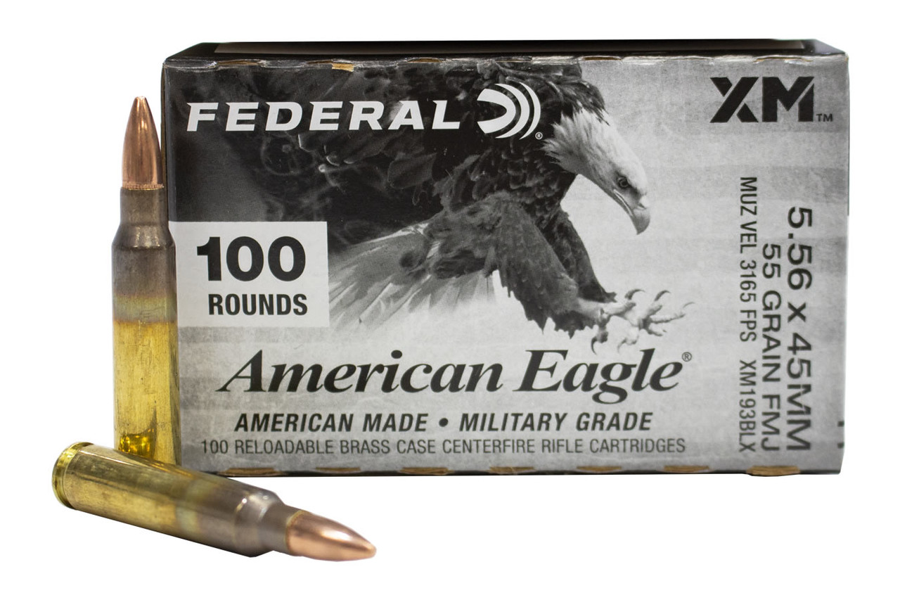 Federal American Eagle 5.56 - XM193BLX

American Eagle rifle ammunition offers consistent, accurate performance at a price that's perfect for high-volume shooting. The loads feature quality bullets, reloadable brass cases and dependable primers.

Features:

Ideal for target practice
Accurate and reliable
Consistent primers and brass
Specifications:

Caliber: 5.56 NATO
Weight: 55gr
Bullet Style: FMJ-BT
Casing: Brass
Muzzle Velocity: 3,165 fps
Muzzle Energy: 1,223 ft lbs.