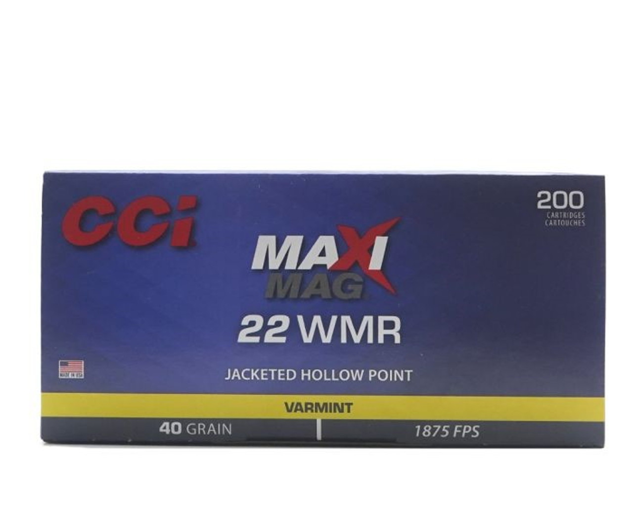 CCI Maxi-Mag

The legendary CCI Ammunition has been widely regarded as the most reliable .22 ammo on the market. The Maxi-Mag delivers 1875 fps of high velocity power in a 40 grain, jacketed hollow point bullet. Designed for varmint, its tear-drop hollow point cavity insures fragmentation on impact. CCI Maxi-Mag uses clean-burning propellants and sure-fire CCI priming, making it as reliable as it is clean to shoot.

Features:

Accurate, hard-hitting performance
Clean-burning propellants
Reliable cycling
Surefire CCI priming
Specifications:

Caliber: .22 WMR
Weight: 40gr
Bullet Style: JHP
Casing: Brass
Muzzle Velocity: 1,875 fps
Muzzle Energy: 312 ft. lbs.
Part #: 958