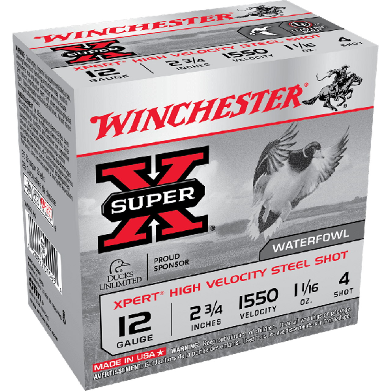 In 1873, less than a decade after the Civil War and when Westward expansion was in full gallop, Winchester introduced the first successful centerfire cartridges. Winchester has set the world standard in superior ammunition performance and innovation for more than a century. To millions of hunters and shooters worldwide, the name "Winchester" means quality and performance. No matter the sport, game, or protection, you can always depend on Winchester Ammunition to perform as promised.

25 Round Box 

Features and Specifications:
Manufacturer Number: WEX124
Caliber: 12 Gauge
Hull Length: 2 3/4 Inches
Load: 1 1/16 OZ # 4 Steel Shot
Rounds: 25 Rounds per Box
Muzzle Velocity: (High Velocity) 1550 FPS
Features: 
* Accurate high quality load
* Reliable Primers
* Lead Free 
Usage: Target, Personal Defense, Hunting