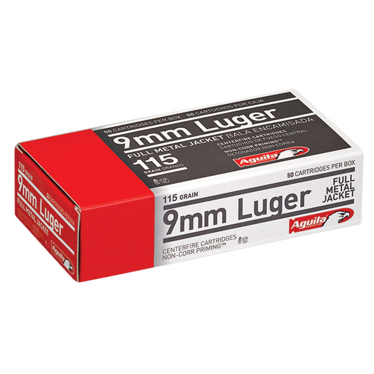 Aguila 9mm Luger 115gr Full Metal Jacket 50rds
Get your hands on this outstanding 9mm ammunition from Aguila Ammunition.  Consistent cycling, accuracy and velocity from a brand you can trust.

Aguila 9mm Luger 115gr Full Metal Jacket - 50rds/box 

Grain: 115

Bullet: FMJ

Case: Brass

 

This ammunition is new production, non-corrosive, in boxer primed, reloadable brass cases. Aguila ammo is perfect for stocking up or for hitting the range with friends. The 115 grain round nose, full metal jacket bullet is designed for reliable operation in all types of semi-automatic pistols and carbines and minimizes lead exposure.