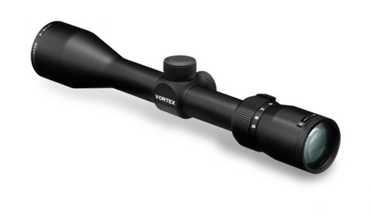 VORTEX DIAMONDBACK 3-9X40 RIFLESCOPE V-PLEX
VT-DBK-M-01P
Diamondback riflescopes are loaded with features. First, the solid one-piece aircraft-grade aluminum alloy construction makes the Diamondback riflescope virtually indestructible and highly resistant to magnum recoil. Argon purging puts waterproof and fogproof performance on the agenda, and advanced fully multi-coated optics raise an eyebrow when crystal clear, tack-sharp images appear in the crosshairs. Look for all this and more in a riflescope you'd expect to cost quite a bit more, but doesn't.

SKU	VT-DBK-M-01P
Magnification	3 – 9
Objective Lens Diameter	40 mm
Eye Relief	3.3 inches
Field of View	44.6–14.8 feet/100 yards
Tube Size	1 inch
Turret Style	Capped
Adjustment Graduation	1/4 MOA
Travel per Rotation	15 MOA
Max Elevation Adjustment	70 MOA
Max Windage Adjustment	70 MOA
Parallax Setting	100 yards
Length	11.61 inches
Weight	14.4 ounces
Riflescope Manual (.pdf)	Download PDF
Included in the Box
Removable lens covers
Lens cloth

 
VIP Unconditional Lifetime Warranty
Diamondback Dimensions
Lengths
L1	L2	L3	L4	L5	L6
11.61	2.0	2.1	5.4	3.07	3.1
Heights
H1	H2
1.89	1.69
Dimensions measured in inches.

OPTICAL FEATURES
Fully Multi-Coated	Increases light transmission with multiple anti-reflective coatings on all air-to-glass surfaces.
Second Focal Plane Reticle	Scale of reticle maintains the same ideally-sized appearance. Listed reticle subtensions used for estimating range, holdover and wind drift correction are accurate at the highest magnification.
CONSTRUCTION FEATURES
Tube Size	1-inch diameter.
Single-Piece Tube	Maximizes alignment for improved accuracy and optimum visual performance, as well as ensures strength and waterproofness.
Aircraft-Grade Aluminum	Constructed from a solid block of aircraft-grade aluminum for strength and rigidity.
Waterproof	O-ring seals prevent moisture, dust and debris from penetrating the riflescope for reliable performance in all environments.
Fogproof	Argon gas purging prevents internal fogging over a wide range of temperatures.
Shockproof	Rugged construction withstands recoil and impact.
Hard Anodized Finish	Highly durable low-glare matte finish helps camouflage the shooter's position.
Precision-Glide Erector System	Uses premium components in the zoom lens mechanism to ensure smooth magnification changes under the harshest conditions.
Capped Reset Turrets	Allow re-indexing of the turret to zero after sighting in the riflescope. Caps provide external protection for turret.
INTERNAL MECHANISM DESIGN FEATURES
Precision-Glide Erector System	Uses premium components in the zoom lens mechanism to ensure smooth magnification changes under the harshest conditions.
CONVENIENCE FEATURES
Fast Focus Eyepiece	Allows quick and easy reticle focusing.