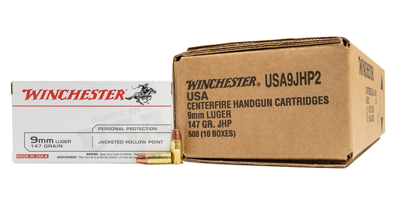 Backed by generations of legendary excellence, Winchester "USA White Box" stands for consistent performance and outstanding value, offering high-quality ammunition to suit a wide range of hunter's and shooter's needs.

Manufacturer: Winchester
Style Number: USA9JHP
Caliber: 9mm
Bullet Weight: 115 gr
Bullet Type: Jacketed Hollow Point (JHP)
Muzzle Velocity: 1165 fps
Muzzle Energy: 347 ft/lbs
Quantity: 500-Rounds per case