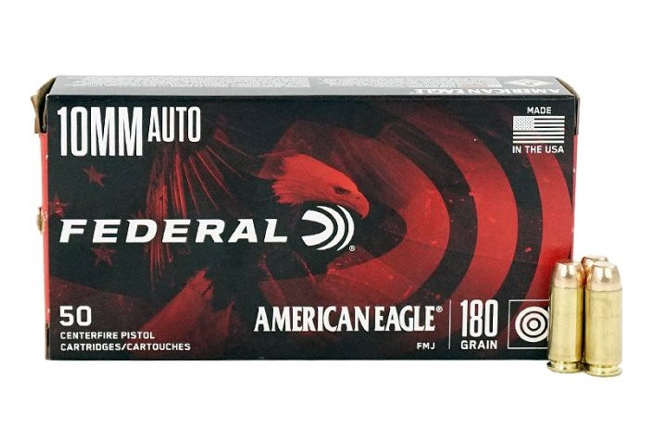 Federal American Eagle 10mm

Manufactured under the American Eagle line of Federal Premium Ammunition, this ammo is loaded with clean-burning powders and Federal grade brass and primers. American Eagle rounds provide quality unparalleled in its class. Rounds come in a reloadable brass case. Hit your target and train harder with the proven line of American Eagle handgun ammunition. It provides performance similar to self-defense and competition loads for a familiar feel and realistic practice.

Features:

Clean-burning powders
Federal primers and brass
Wide selection of bullet styles to suit target practice
Specifications:

Caliber: 10mm
Weight: 180 Grain
Bullet Style: Full Metal Jacket
Casing: Brass
Muzzle Velocity: 1030 fps