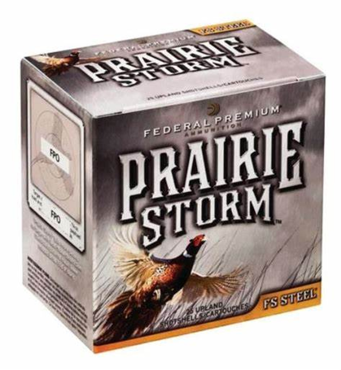 Federal Prairie Storm 12 Ga 3″ 1 1/8 oz #3 Shot Box of 25
Pheasants are fast, tough birds. Thats why Federal Premium combined the FLITECONTROL wad and FLITESTOPPER pellet technologies to create Prairie Storm FS Steel. It delivers consistent patterns that put more than 75 percent of their pellets in a 30-inch circle at 40 yards, as well as energy similar to the most popular lead loads.

Manufacturer	Federal
Pricing Unit	BX
Model	Prairie Storm
UPC	029465028480
SKU	PFS143FS3

Application	Upland


Gauge	12 Gauge
Length	3″
Muzzle Velocity	1600 fps
Ounces	1 1/8 oz
Rounds Per Box	25

Shot Size	3