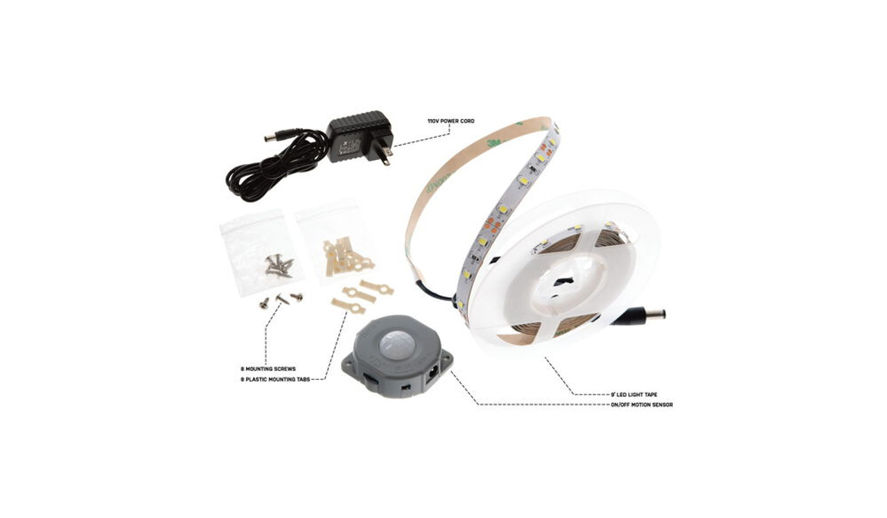 FEATURES
MOTION SENSOR ACTIVATION WITH ADJUSTABLE TIME DELAY
3 METERS OF ULTRA-BRIGHT WHITE LEDS
1 METER OF POWER CORD WITH A 110V AC PLU AND 2 METER EXTENSION CORD
CUT-TO-LENGTH CAPABILITY WITH 3M ADHESIVE BACKER
1,200 LUMENS OUTPUT