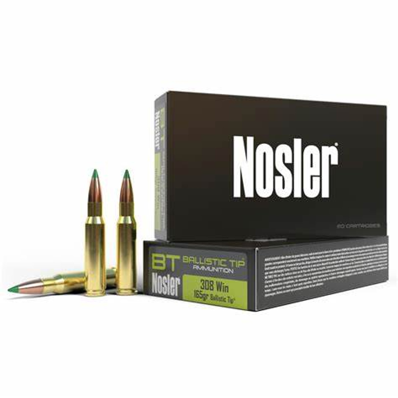 DESCRIPTION
BT (BALLISTIC TIP) AMMUNITION
Nosler® Ballistic Tip® ammunition is loaded up front with the accurate and reliable, Nosler® Ballistic Tip® Bullet.  Every bullet weight and muzzle velocity is optimized for maximum effectiveness on Deer, Antelope, and Hogs.

Bullet Information

Over 30 years of continual improvement, design refinement, and manufacturing expertise make the Ballistic Tip® Hunting Bullet, the best choice for America’s most popular game.

Tapered bullet jacket controls expansion for the ideal balance of penetration and energy transfer.
Proven track-record of accuracy and game-killing terminal performance.
Specifications:

Caliber: .308 Winchester
Bullet Weight:  165 grain
Bullet Style:  Nosler Ballistic Tip
Count:  20
Lead Free:  No