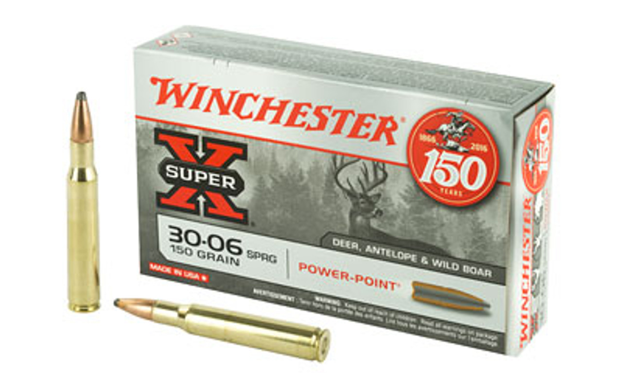 30-06 Springfield
2,920 Feet per second
150 Grain power-point
20 Rounds per box
Product Description
 

Since 1922, Super-X ammunition has provided exceptional quality and outstanding performance for all types of hunters and shooters who rely on its time-proven dependability backed by legendary excellence.

 

Specifications
UPC	020892200111	Manufacturer	Winchester Ammunition
Manufacturer Part #	X30061	Model	Super-X
Model	Power-Point	Caliber	30-06 Springfield
Grain Weight	150Gr	Type	Pointed Soft Point
Units per Box	20