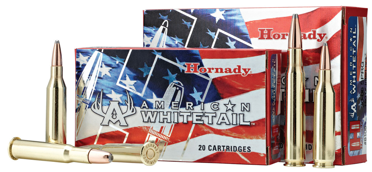 Opening day of deer season comes only once a year. Make sure you're ready when the big one steps out and load-up with Hornady® American Whitetail® ammunition.

Loaded with our legendary Hornady® InterLock® bullets in weights that have been deer hunting favorites for decades, American Whitetail® ammunition combines generations of ballistics know-how with modern components and the technology you need to take the buck of a lifetime!

Cut Away
Product Features
Proudly made in the USA!
INTERLOCK® BULLETS
InterLock® bullets feature exposed lead tips for controlled expansion and hard-hitting terminal performance. Bullets used in American Whitetail® ammunition feature our pioneering secant ogive design and exclusive InterLock® ring — a raised ring inside the jacket that is embedded in the bullet's core that keeps the core and jacket locked together during expansion to retain mass and energy.

POWDERS
Loaded to conventional velocities, powder is matched to each load for optimum pressure and consistency, ensuring each load is compatible with semi-autos as well.

CASE AND PRIMER
Like all Hornady® ammunition, our American Whitetail® rounds use the highest quality cases and primers available. Consistent components translate to consistent shooting in the field.

TEST BARREL (20")
MUZZLE
100 YARDS
200 YARDS
300 YARDS
 
VELOCITY
(FPS)
ENERGY
(FT/LB)
TRAJECTORY
(INCHES)
2200
1827
-1.5
1843
1281
4.5
1529
882
0
1271
609
-19.4