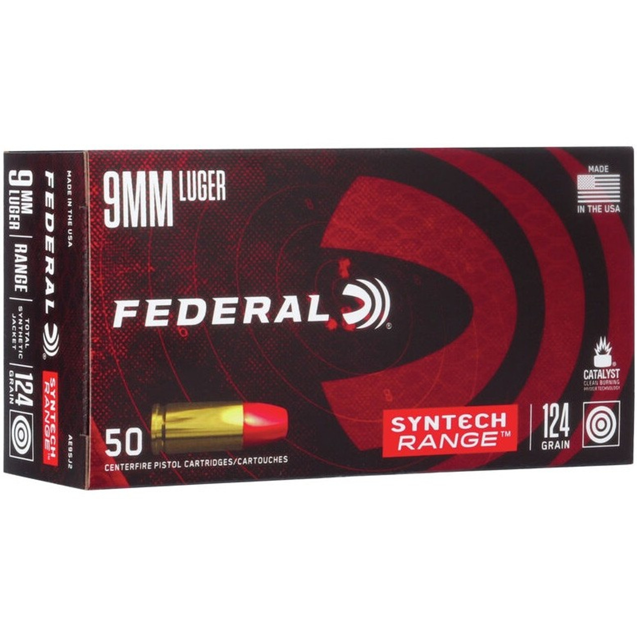 Federal American Eagle 9mm 124gr. TSJ Description:
Syntech ammo from Federal is new technology revolutionizing traditional copper jacketed ammuniton. Federal's Syntech is a lead core projectile coated entirely with Syntech polymer. Its TSJ minimizes friction on the barrel's rifling and the amount of copper and lead deposited in the barrel, providing for cleaner shooting and prolonged barrel life.

50 rounds per box