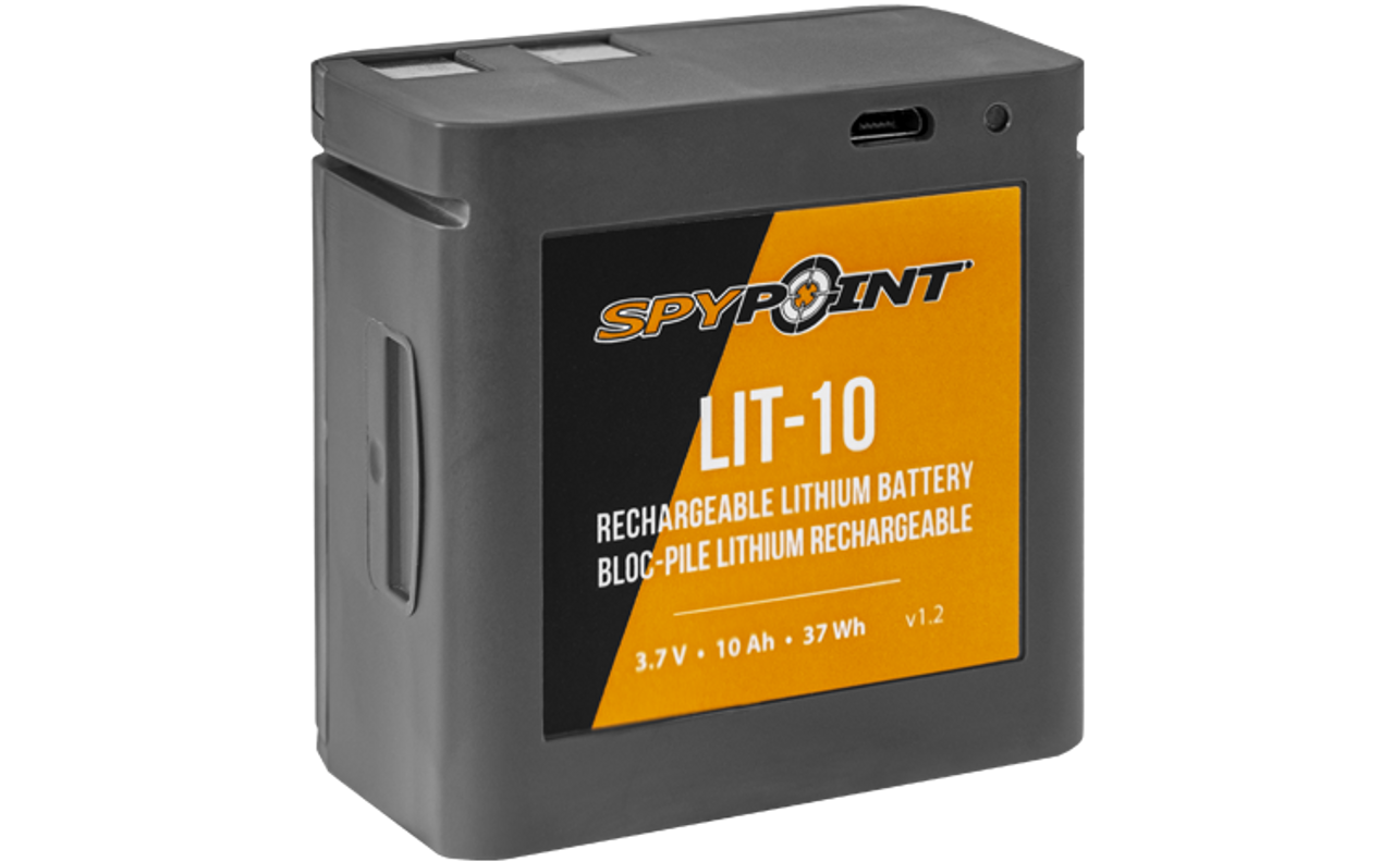 The LIT-10 lithium battery pack from SPYPOINT is the rechargeable power solution for the MICRO family and CELL-LINK. Extend the time between camera visits and save money by not purchasing multiple sets of batteries a year for every device.