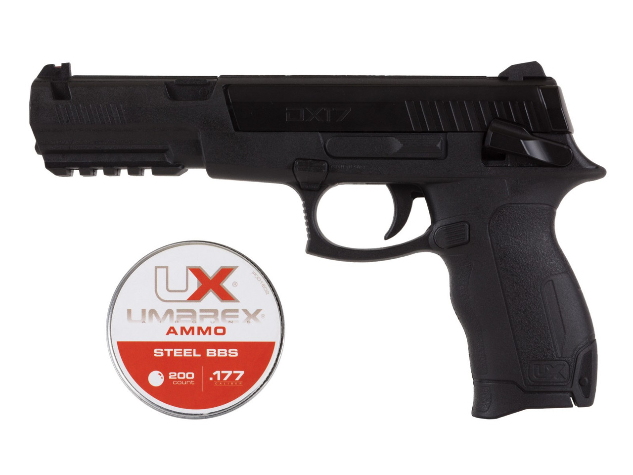 This well-priced DX17 is a BB air pistol that's great for plinking. This spring-piston gun fires .177 BBs and includes an integrated picatinny rail and fiber-optic front sight. Includes 200 BBs in the kit. Experience the fun and action of shooting at an incredible value. Great for building shooting proficiency.



Umarex DX17 pistol
Shoots .177 BBs
Spring piston
One stroke charging
Integrated accessory rail
Fiber optic front sight
Includes 200 BBs