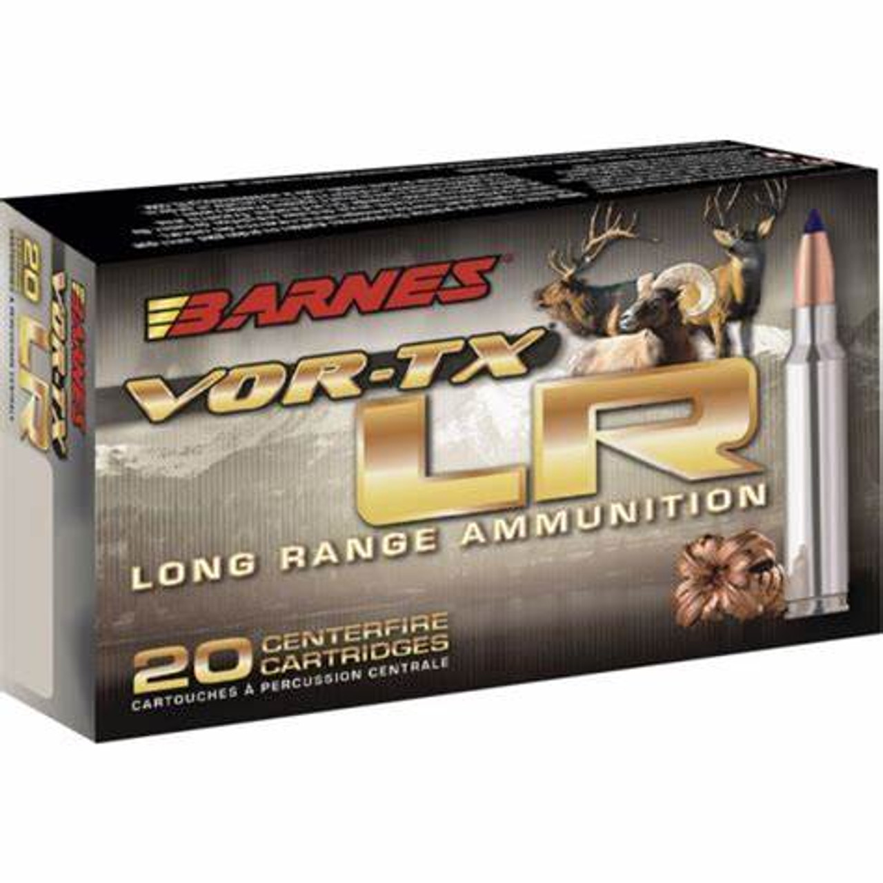 VOR-TX LR PREMIUM HUNTING AMMUNITION

THE WORLD'S FIRST HUNTING LOAD OPTIMIZED FOR ONE-SHOT KILLS OUT TO 700 YARDS AND BEYOND*.

VOR-TX LR is an extreme-distance load combining super-premium components that are assembled with a level of precision never before attained in factory ammunition. The specially engineered LRX bullets loaded in VOR-TX LR are optimized specifically for the cartridge. Unmatched flight characteristics combined with a specially engineered nose cavity that peels back into four cutting petals delivers massive expansion and identical on-game devastation from up close to well past 700 yards (*refer to cartridge ballistics and shoot responsibly).

Each box includes ballistic charts that identify the G1 ballistic coefficient and address variables such as velocity, drop, energy and wind deflection – calculated at sea level and 5000 feet elevation. More detailed information such as the G7 ballistic coefficient and long range dope calculated in MOA & MILS can be found here under the BALLISTICS tab below.

VOR-TX LR achieves match-grade accuracy and unmatched terminal performance on game at close and extreme distances delivers the quick, clean, ethical kills you’ve come to expect from Barnes. Distance can change all it wants. The terminal performance of VOR-TX LR never will.

LONG RANGE HUNTING

Barnes LRX bullets have been developed to match the advancements in rifle accuracy and extended-range optics. The LRX features a long profile and boattail design that delivers match-grade accuracy at long range with an incredibly high ballistic coefficient and terminal performance that delivers the quick, clean, ethical kills you've come to expect from Barnes.

The all-copper LRX (Long Range X Bullet) opens instantly on impact into four razor-sharp petals that plow a wide wound channel and deposit massive amounts of energy throughout the entire length of the cavity. High weight retention sustains bullet momentum for maximum destruction of tissue, bone and vital organs to effectively and humanely take down game at close and extreme distances.

LRX BULLETS ARE DESIGNED TO MATCH THE LATEST ADVANCEMENTS IN FIREARMS AND EXTENDED RANGE OPTICS CAPABILITIES.

Doppler radar technology was utilized in the development process to optimize the bullet’s profile for low drag and top accuracy at extreme distances. Its long-range precision previously available only to handloaders – ready and loaded for your hunt in VOR-TX LR Long Range Ammunition.

Polymer tip boosts ballistic coefficient and initiates rapid expansion

Specially engineered scored nose cavity expands into four razor-sharp petals and a large frontal diameter for maximum energy transfer and deep penetration on game at close and extreme distances

Accu-Groove technology for minimal fouling and superior accuracy

Boattail design with precision heel radius