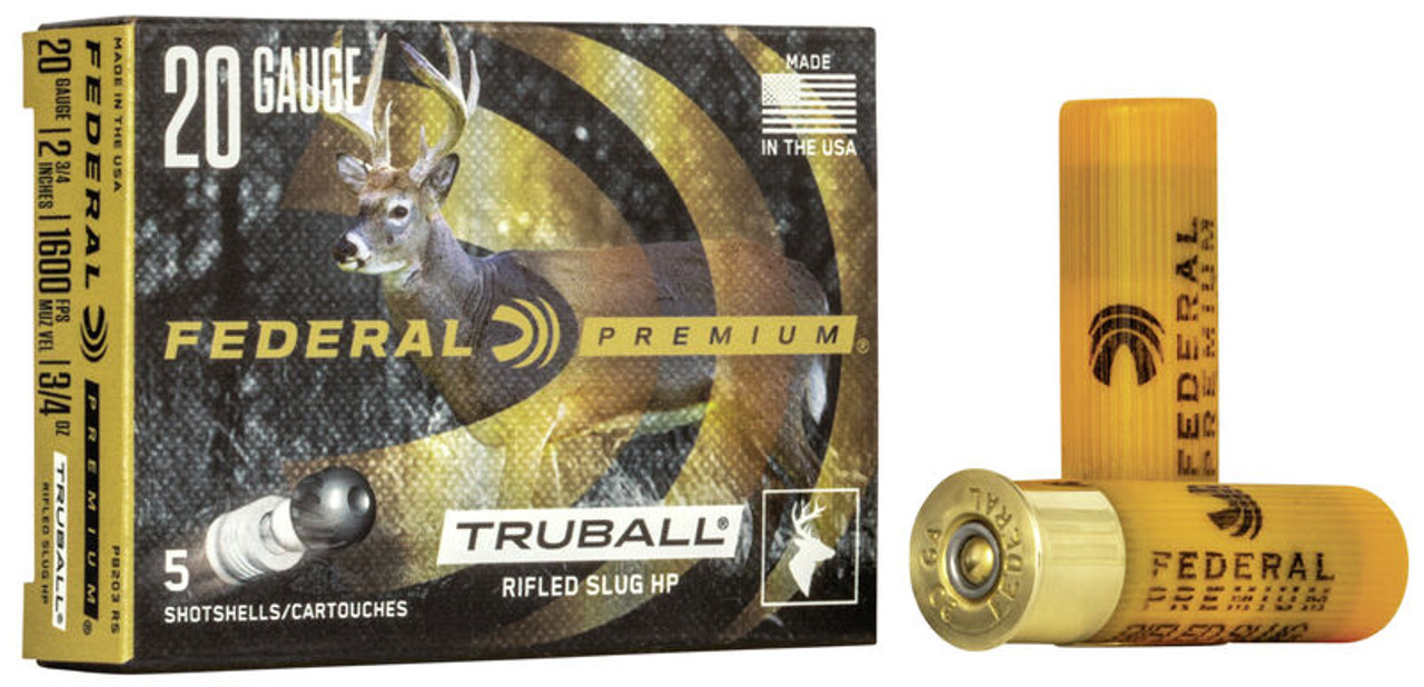 Forget what you think you know about smoothbore slug gun accuracy. The Federal Premium® TruBall® is the most consistent smoothbore slug on the market, capable of groups as tight as 1.4 inch at 50 yards. The TruBall system locks the components together, centering and pushing the rifled slug out of the barrel. This promotes clean separation of components after muzzle exit to ensure the best accuracy.

A plastic ball between the wad and slug increases smoothbore accuracy
Capable of 1.4-inch groups at 50 yards
Clean separation of components after muzzle exit
Increased downrange energy
SPECS
Gauge	20 Gauge
Muzzle Velocity	1600
Bullet Style	TruBall Hollow Point Slug
Grain Weight	328
Type	Lead
Shot Charge Oz	3/4
Shotshell Length	2-3/4in. / 70mm
Ballistic Coefficient	.073
Package Quantity	5
Usage	Medium Game