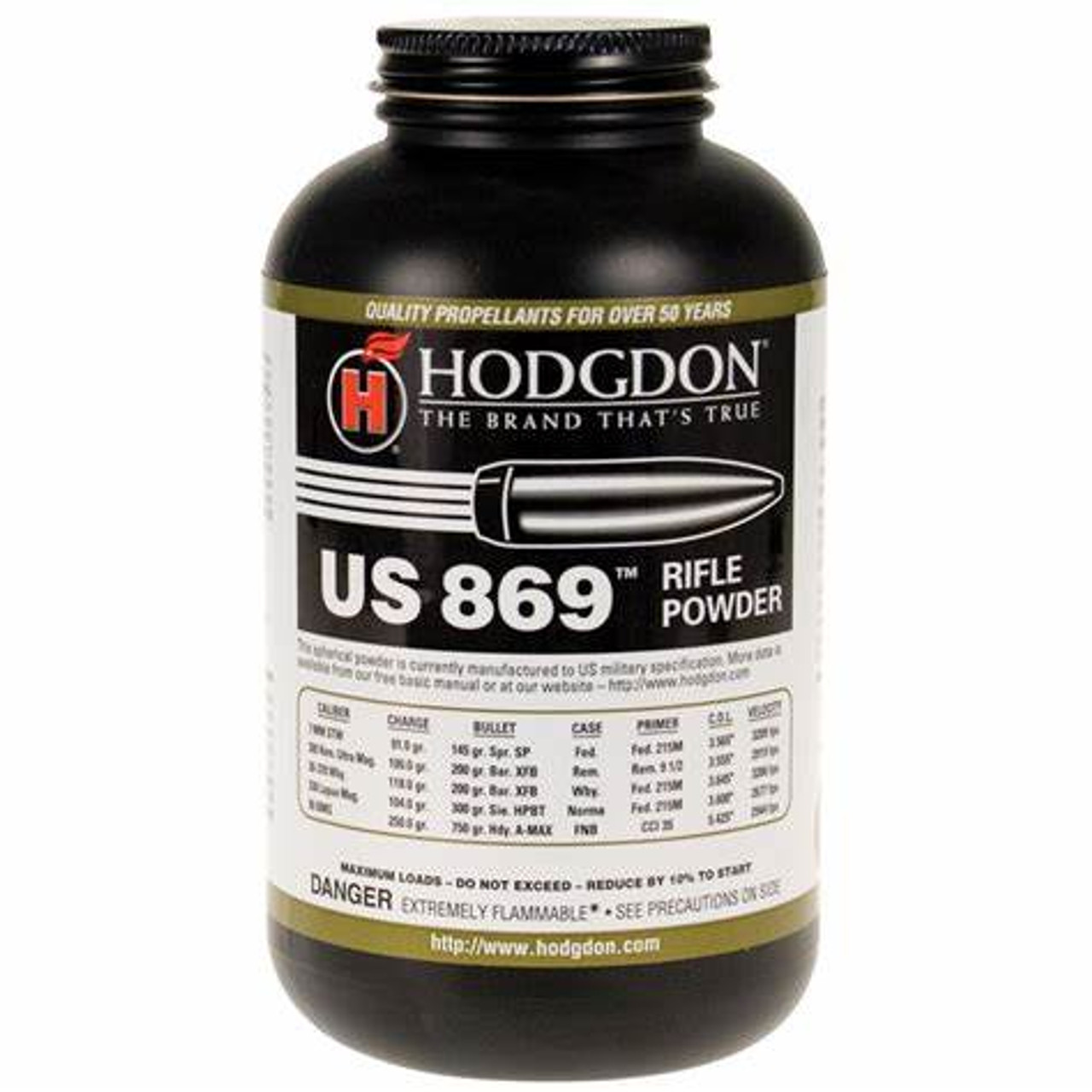 Hodgdon US 869 Spherical Rifle Powder is a prime example of quality smokeless products manufactured by a company with 60-plus years in the business of reloading. As a .50 BMG propellant, this powder offers incredible advantages compared to the competition for a large number of rifle applications. This spherical powder is used for rifle cartridges and is ideal for overbore, heavy bullets.

The powder is dense, making it possible for you to use a volume of powder that produces outstanding velocities in .300 Remington Ultra Magnum, 7mm Remington Ultra Magnum, and .30-378 Weather Magnum cartridges, among others.