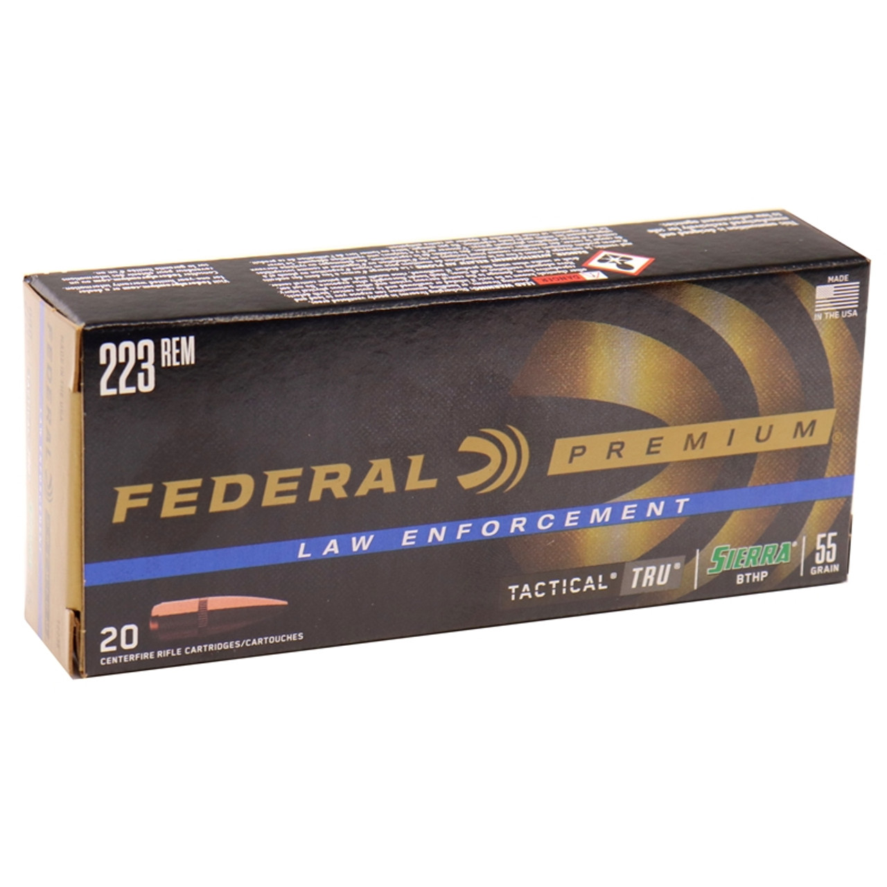 FEDERAL TACTICAL TRU 223 REMINGTON AMMO 55 GRAIN SIERRA GAMEKING HOLLOW POINT - T223E

Federal Law Enforcement Tactical TRU 223 Remington 55 Grain Sierra GameKing Hollow Point ammo for sale online at cheap discount prices with free shipping available on bulk 223 Remington ammunition only at our online store TargetSportsUSA.com. Target Sports USA carries the entire line of Federal Law Enforcement ammunition for sale online with free shipping on bulk ammo including this Federal Law Enforcement Tactical TRU 223 Remington Ammo 55 Grain Sierra GameKing Hollow Point.

Federal Law Enforcement Tactical TRU 223 Remington Ammo 55 Grain Sierra GameKing Hollow Point ammo review offers the following information; For nearly a century Federal Ammunition has put its focus on manufacturing quality products with cutting edge technology. This dedication to excellence has given Federal a competitive edge as an ammunition technology giant. Today the company is well known for producing high grade centerfire, rimfire, and shotshell ammunition that shooters everywhere know and trust. The TRU, or Tactical Urban Rifle, line from Federal is custom made ammo specially crafted for use in semi-auto rifles. TRU meets rigorous Mil-Quality standards, and is made not to interfere with vision in the dark of night. The TRU case and web are built using thicker brass, adding the extra strength needed for the high powered rifle. TRU primers are crimped for added holding ability. This virtually eliminates backed out primers that can lock-up your weapon. With TRU ammunition, potentially disastrous situations are greatly reduced. TRU bullets are specifically engineered ranging from fragmenting designs for tactical entry to deeper penetrating bullets for patrol. This Federal 223 Remington TRU ammo features brass cases, boxer primer and is non corrosive and 100% reloadable for shooters that love to reload their 223 Remington ammo. It features a 55 Grain Sierra GameKIng Boat Tail Hollow Point bullet. Law Enforcement Tactical TRU ammo has a muzzle velocity of 3220 feet per second and a muzzle energy of 1236 ft lbs.

The TRU, or Tactical Urban Rifle, line from Federal is custom made ammo specially crafted for use in semi-auto rifles.

This Federal 223 Remington TRU ammo features brass cases, boxer primer and is non corrosive and 100% reloadable for shooters that love to reload their 223 Remington ammo.

TRU 223 Remington features a 55 Grain Sierra GameKIng Boat Tail Hollow Point bullet.

MPN	T223E
UPC	029465095130
Manufacturer	FEDERAL AMMO
Caliber	223 REMINGTON AMMO
Bullet Type	Hollow Point
Muzzle Velocity	3220 fps
Muzzle Energy	1266 ft. lbs
Primer	Boxer
Casing	Brass Casing
Ammo Rating	Personal Protection & Home Defense 223 Remington Ammo
