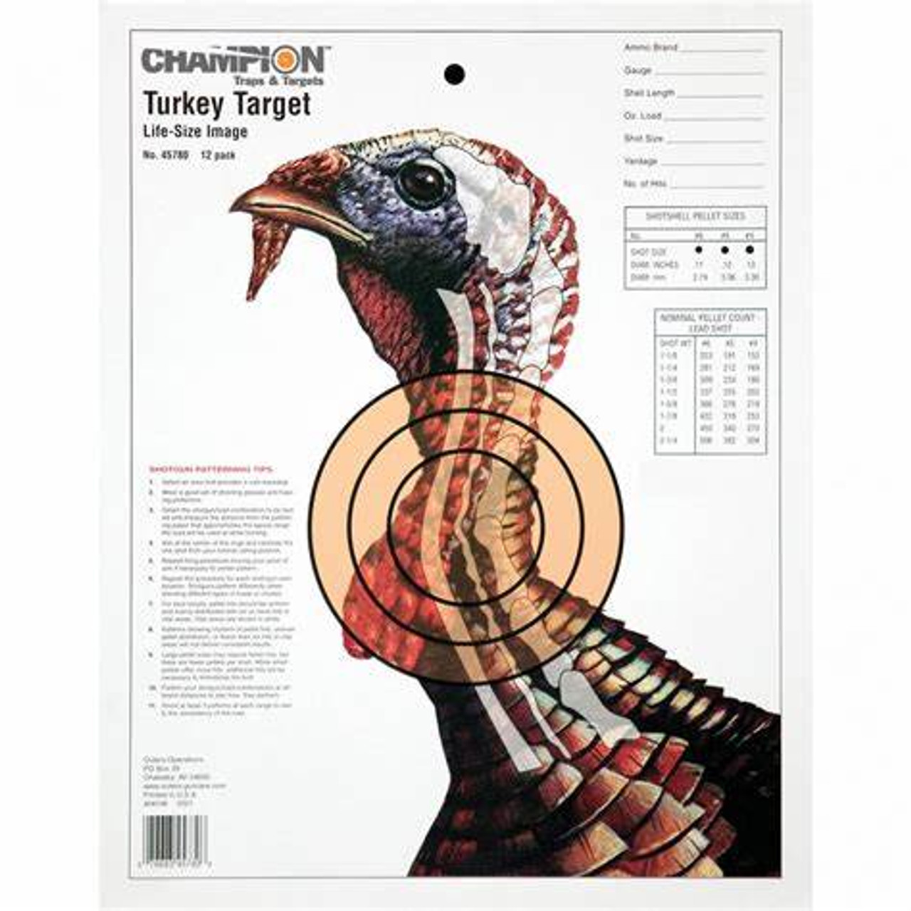 Champion Traps & Targets Life-size Practice Target, Turkey, 12 Pack 45780

Product Weight : 6

Model : Lifesize

Description : Turkey

Model 1 : Lifesize

Model 2 : Practice

Type : Target

Units per box : 12/Pack