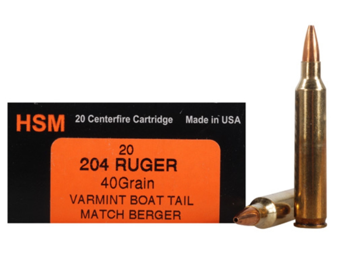 HSM teamed with Berger to create an exclusive line of rifle ammunition loaded with Berger Varmint hunting bullets which were previously only available to handloaders. These bullets are engineered to fragments upon impact.  With this fragmentation the end result is massive wound channel. Because the vast majority of the bullet's energy is expended inside the target animal, quick and humane kills are ensured. These rounds are made with Winchester brass, match-grade primers and technologically advanced powders that are not affected by temperatures and altitude. Premium components result in consistent performance and match-grade accuracy

Caliber:  204 Ruger
Bullet Style: 40 Grain, Boat Base
Case Type: New Brass
Muzzle Velocity: 3581mv-fps
Muzzle Energy: 1139me
Quantity:  20/Box