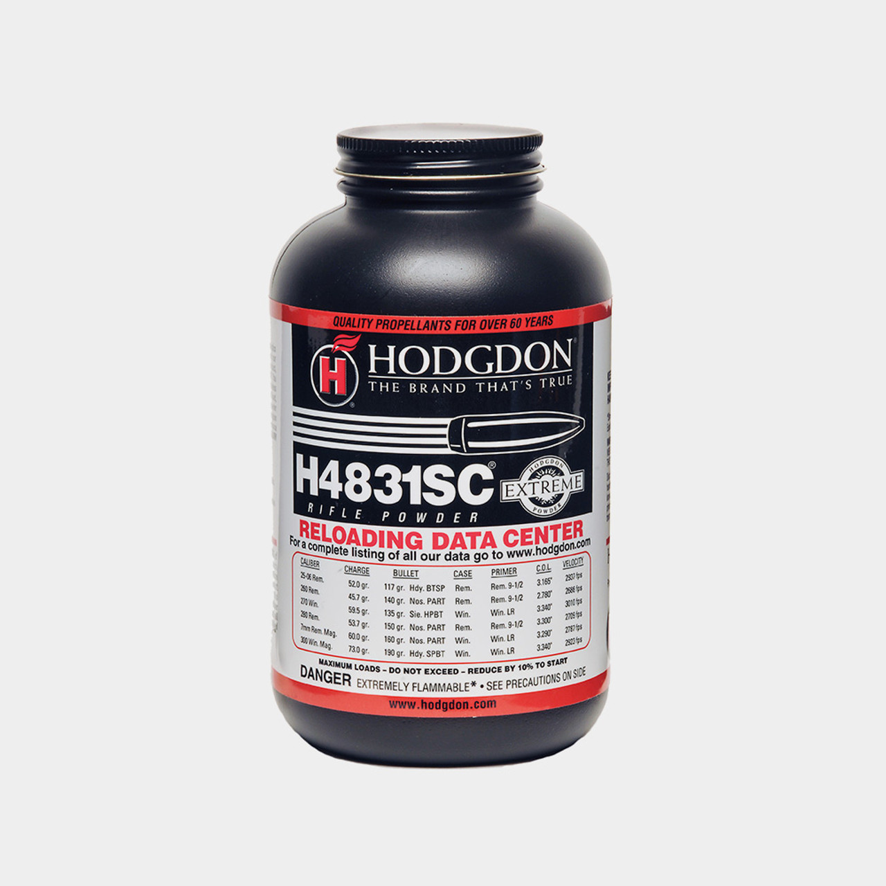 H4831SC
An extruded powder in Hodgdon’s Extreme series, it is probably safe to say more big-game animals have been taken by handloaders with H4831 than any other powder.

Bruce “B.E.” Hodgdon was the first to introduce this popular propellant in 1950 and, since that time, it has become a favorite for cartridges like the 270 Winchester, 25-06 Remington, 280 Remington and 300 Winchester Magnum.

For H4831SC, this Extreme extruded powder is the exact ballistic copy of H4831. Physically, it has a shorter grain size which earned it the “SC” designation for “short cut.” The shorter, more compact kernels allow the powder to flow through the powder measures more smoothly, helping to alleviate the constant cutting of granules. With the smoother flow characteristics comes more uniform charge weights, while the individual grains orient more compactly, creating better loading density.

As an Extreme extruded propellant, it shares the fine quality of insensitivity to hot and cold temperatures, as well as superb uniformity from lot to lot.