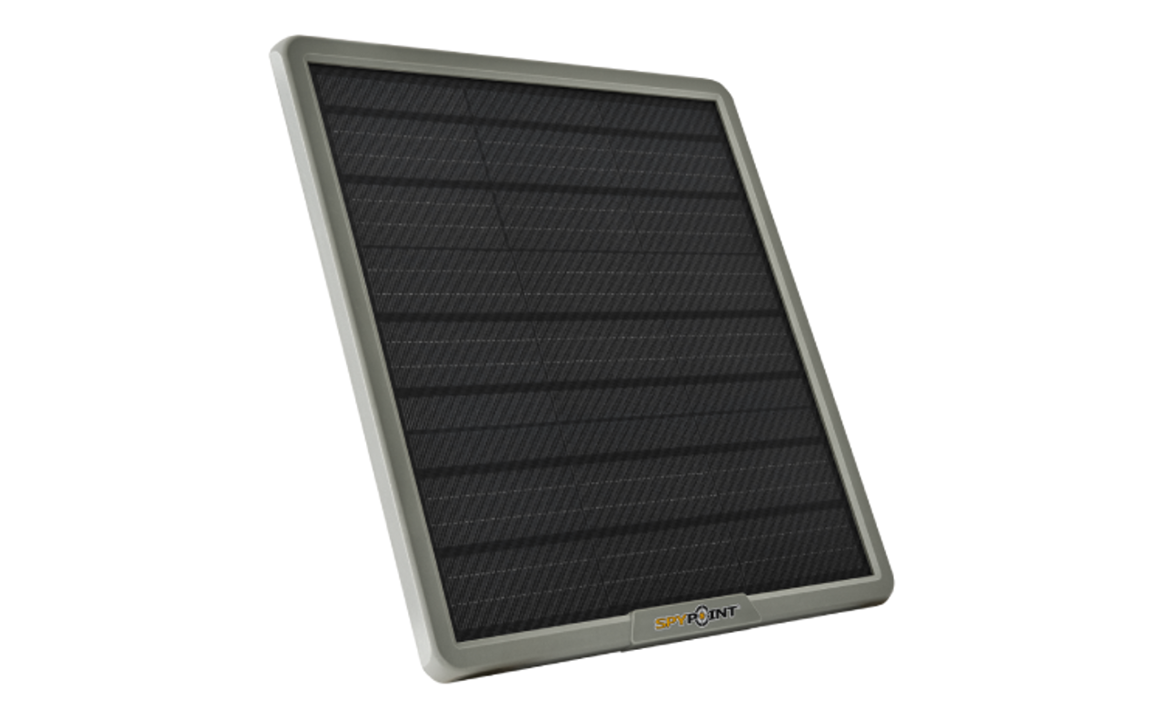 The new lithium battery solar panel available from SPYPOINT is a perfect solution for those out-of-the-way spots you can’t, or don’t want to visit until the timing is perfect. The solar panel constantly charges the integrated 15,000mAh battery so your camera can run for months, without you needing to visit to service the batteries.
There are four output power cord choices supplied, making it easy to match your camera to the SPLB-22, regardless of camera manufacturer. You’ll also receive a mounting bracket and strap to make sure you can position and install the lithium battery solar panel in the perfect location.

• 10 Watts
• 15,000mAh
• 4 LED charge indicator lights
• 10.7 x 10.2 x 2 (inches)

The lithium battery solar panel can be fully charged by the sun in about 24 hours. It also includes a DC power adapter to charge by plugging it in, this process will take 5 hours. Like any solar panel, it will perform best in areas where full sun is available for as much of the day as possible, and the angle of the panel is adjustable to help with this. Additionally, keeping the panels clean from dirt, debris, and pollen can keep performance as high as possible.



MEMORY/POWER
Charging time5 hours with power adapter, 24 hours with solar panel
Lithium battery capacity15 Ah
Input voltage5 V/2 A
Output voltage12 V/2 A, 9 V/2.6 A, 6 V/4 A, USB
USB (20 W)USB-A, USB-C
Watts10
OTHERS
Physical dimensions26 cm (W) X 27 cm (H) X 5.2 cm(D) 10.24" (W) X 10.63" (H) X 1.97" (D)
Operating temperature-20°C to 60°C (-4°F to 140°F)