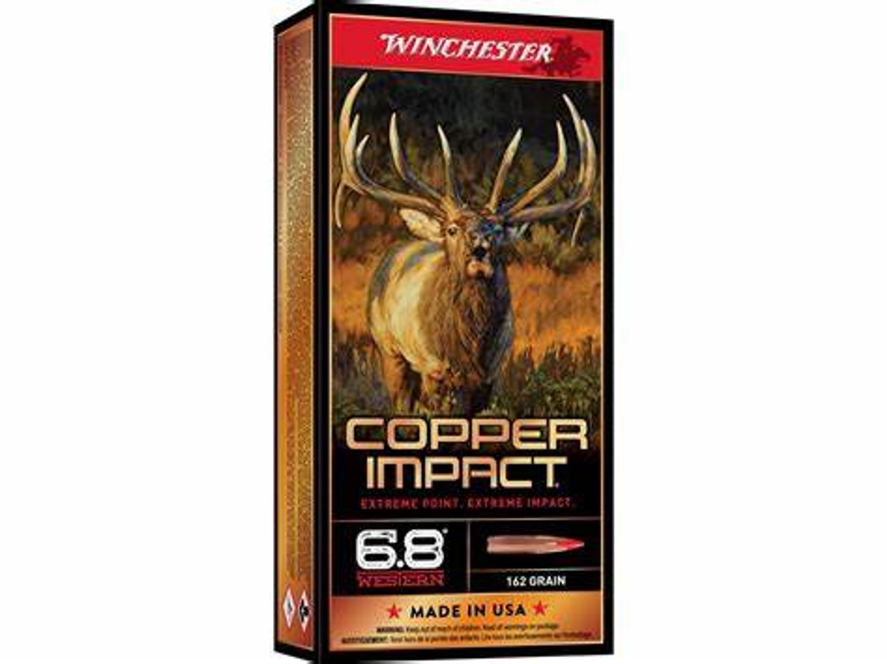 Winchester Copper Impact rifle bullets are engineered with longer ogives and boattails providing higher ballistic coefficients, which increases accuracy at longer distances. With Copper Impact, a hunter gets monolithic solid copper Extreme Point® hollow-point bullets with distinctive polymer tips that create both a large-impact diameter and immediate expansion upon contact. This ammunition is new production, non-corrosive, in boxer primed, reloadable nickel-plated brass cases.

 

As a solid bullet, the Extreme Point produces greater weight retention over standard jacketed bullets. Copper Impact bullets are permitted for use where lead-free ammunition is required, but regardless of location, this line of ammunition performs on big game from pronghorn to elk.

 

Features

Large-impact-diameter Copper Extreme Point expands immediately upon contact to deliver massive knockdown power
Solid copper bullet design offers improved weight retention over standard jacketed lead-core bullets
Product Information
Cartridge	6.8 Western
Grain Weight	162 Grains
Quantity	20 Round
Muzzle Velocity	2875 Feet Per Second
Muzzle Energy	2973 Foot Pounds
Bullet Style	Polymer Tip
Lead Free	Yes
Case Type	Brass
Primer	Boxer
Corrosive	No
Reloadable	Yes
G1 Ballistic Coefficient	0.564
G7 Ballistic Coefficient	0.224
Velocity Rating	Supersonic
Country of Origin	United States of America
