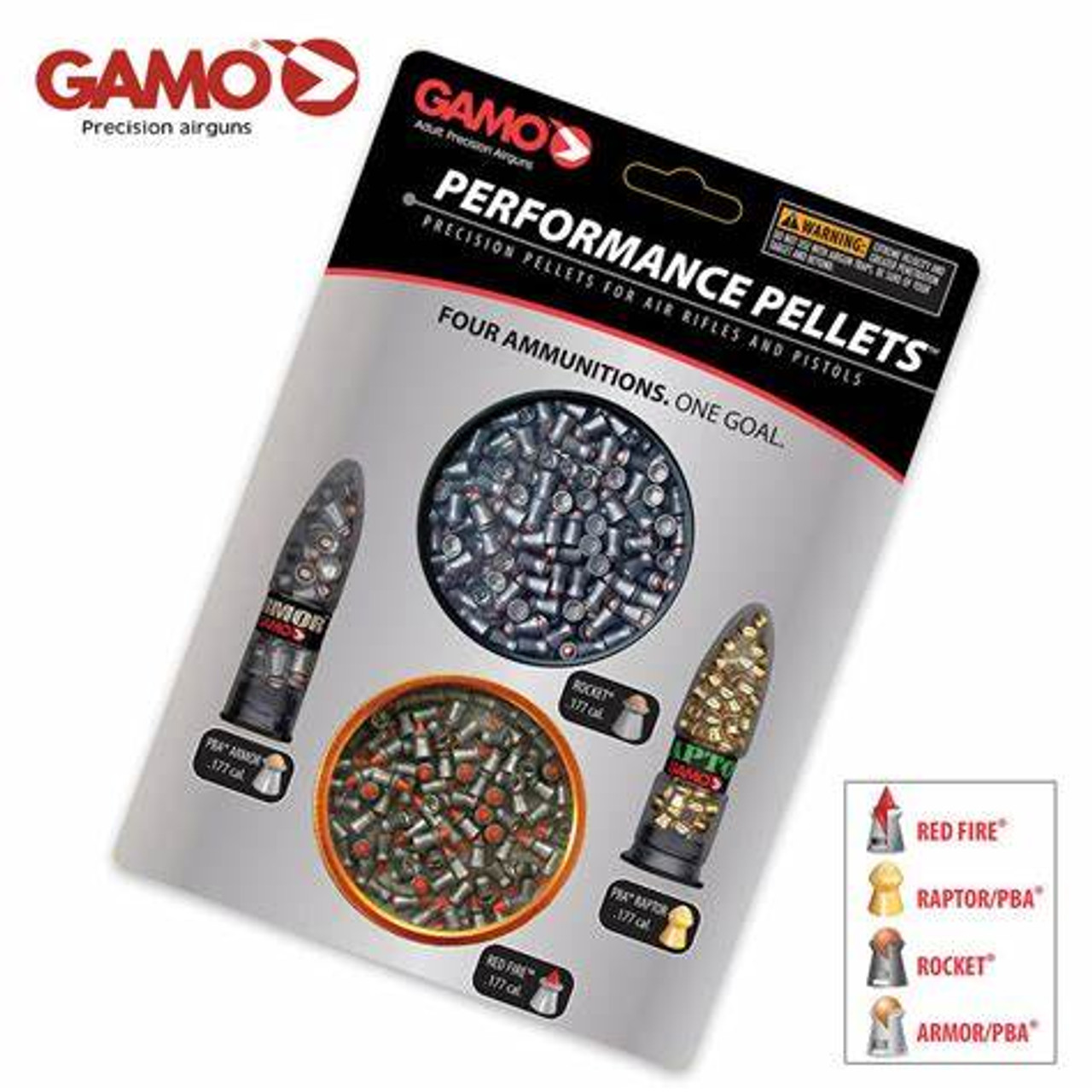 The Gamo® Performance Pellets Combo Pack offers premium pellets for any air-gun application from plinking and target shooting to competition shooting and hunting. This pack includes Red Fire, PBA Armor, PBA Raptor, and Rocket pellets.