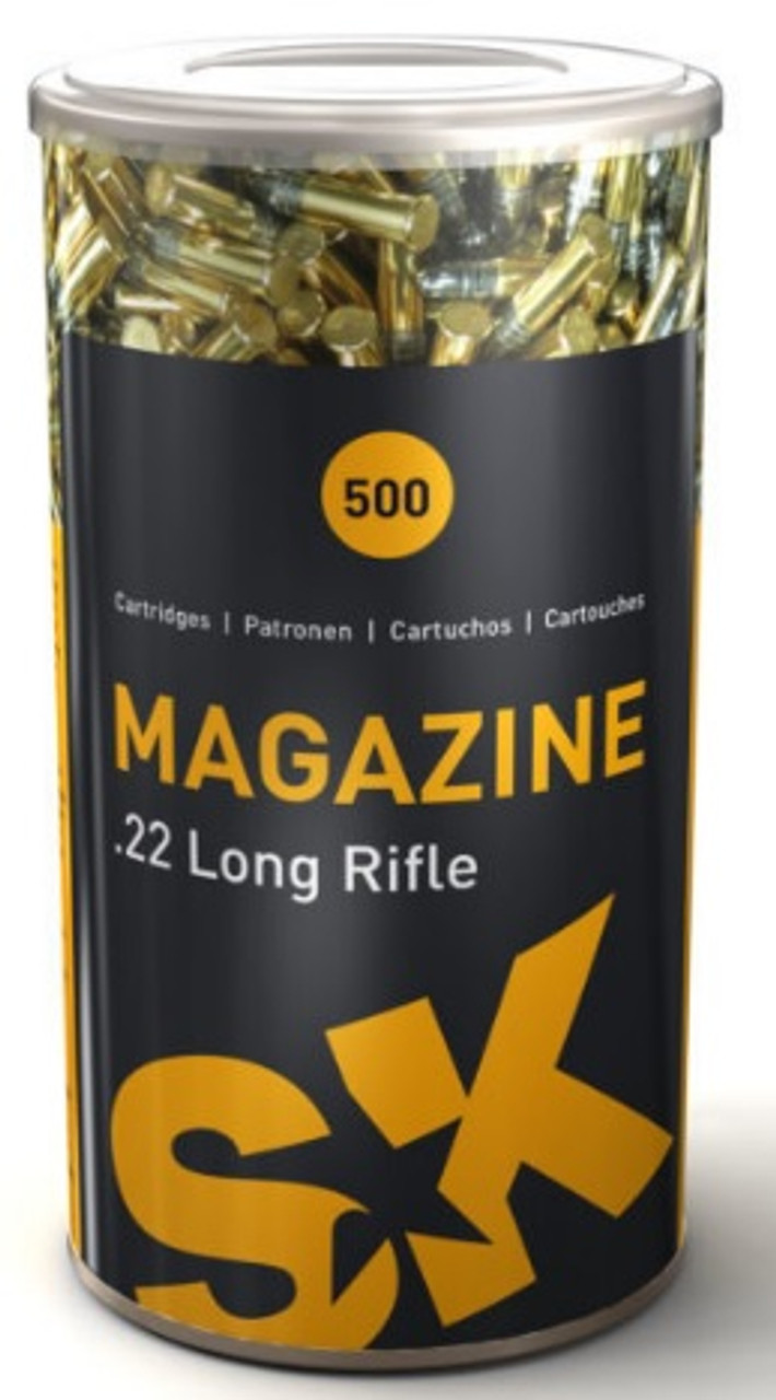 The convenient pop-top can makes this ammuntion perfect for storing or throwing in a backpack to take on a hike or to the range. SK Magazine ammunition is manufactured to strict tolerances. Each individual cartridge is inspected at the factory and fifty cartridges from each batch are tested to make sure that the highest quality rimfire ammunition is reaching the consumer. This ammunition was designed as a general purpose round. SK Magazine ammunition offers good and reliable performance for use in pistols or rifles.