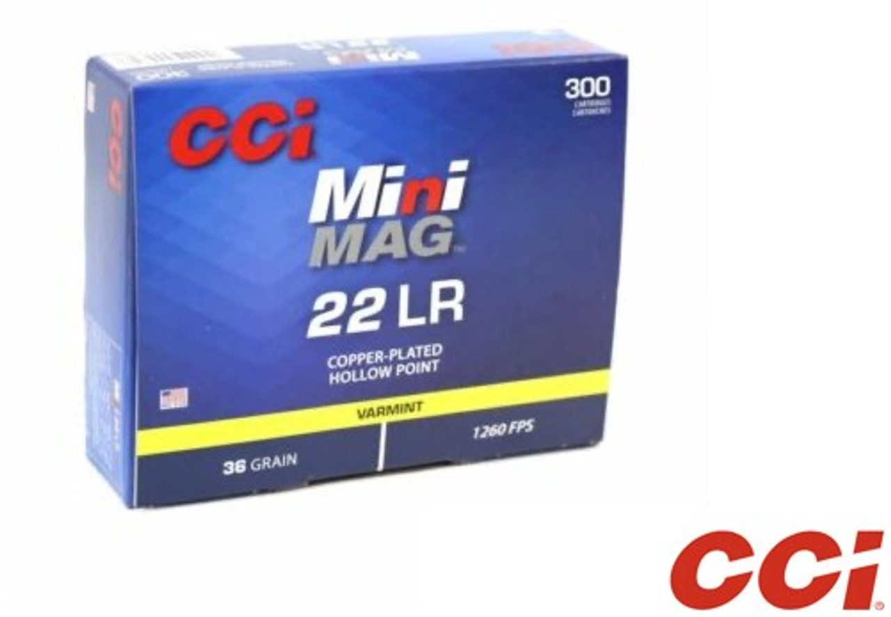 CCI Mini Mag 22 LR Rimfire Ammo, 36Gr CPHP – 300Rds

Specifications:
Caliber: .22 LR
Bullet Weight: 36 Grain
Bullet Type: Copper-Plated Hollow-Point
Case Type: Brass
Muzzle Velocity: 1260 FPS
Package Quantity: 300 rounds