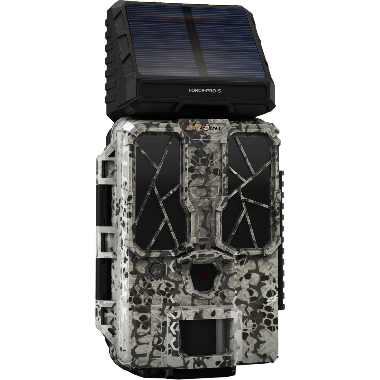 No need to waste time and money on disposable batteries with the Spypoint Force-Pro-S Trail Camera—its built-in solar panel keeps a lithium battery topped off and ready to capture the action on your property or hunting grounds. With a fast 0.2-second trigger time, 30MP photo capability, and 4K video with audio, the Force-Pro-S delivers imagery you need to plan for a successful hunting season.

The camera has a detection range of 110' and its 54 infrared LEDs produce a flash range of 90'. The internal lithium battery needs to be charged from an external source before installation; after that, the solar panel takes over. You can also power the camera with 8 AA batteries.

General
Super-fast 0.2-second trigger speed ensures you won't miss a thing
54 IR LED flash with a range of about 90 feet
No-glow flash won't disturb animals when it goes off in the pitch dark
Up to 110-foot detection range
One motion sensor covers three detection zones
Delay mode allows you to select the time period before the camera can detect again and take another photo or video
Accepts SD memory cards from 2 to 128GB, 16GB card included
1.5" LCD screen with simple navigation buttons and a menu-driven interface allows you to set up and configure the camera in the field
Runs on built-in rechargeable lithium battery maintained by integrated solar panel
Can also run on eight user-supplied alkaline AA batteries or an optional 12 VDC external battery
Photos
Color by day, black & white (IR) at night
Date, time, moon phase, and temperature (°C/°F) stamp
Multi-shot mode takes up to 6 photos per detection, configurable in settings
Video
Up to 4K resolution
Selectable 10-, 20-, 30-, 60-second recording times
Audio recording on all video settings
Mounting
Strap included to mount onto trees and poles
1/4"-20 socket allows you to mount the camera on support systems in an area without trees, like in a field