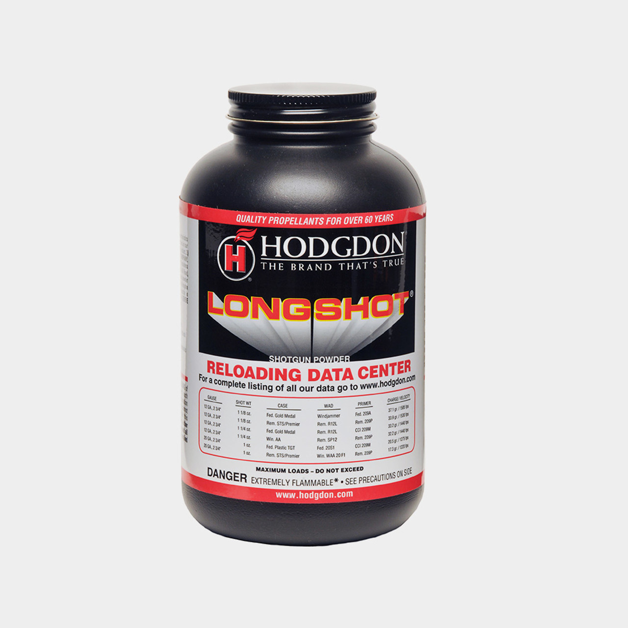 LONGSHOT
This spherical powder is a versatile shotshell propellant for heavy field loads, providing true magnum velocities with superb patterns.

Great loads in 28-, 20-, 16- and 12-gauge are shown in Hodgdon’s Reloading Data Center. In addition, LONGSHOT is the best choice for those competitors shooting games such as “Buddy”, “Annie Oakley” and more.

LONGSHOT is the high velocity pistol choice in 38 Super, 40 S&W, and 357 SIG at lower-than-usual operating pressures.