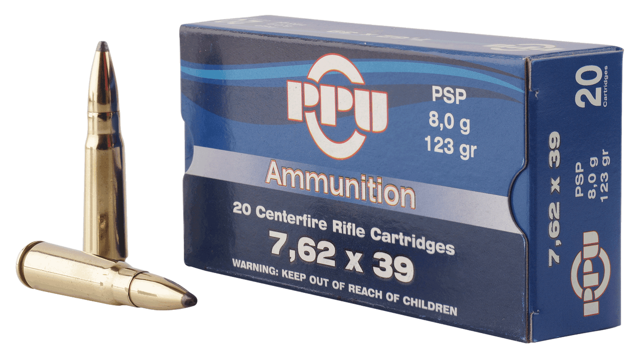 PPU 7.62x39mm Rifle Ammo, 123Gr PSP – 20Rds

Specifications:
Caliber: 7.62x39mm
Bullet Weight: 123 Grain
Bullet Type: Pointed Soft-Point
Case Type: Zinc-Plated Steel
Muzzle Velocity: 2350 FPS
Package Quantity: 20 rounds