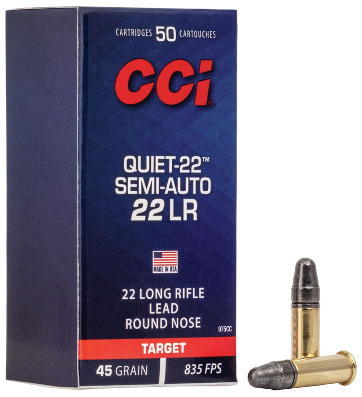 CCI 22 LR Quiet-22 Semi Auto 45 gr LRN 50 rds
Product Overview
 

Lose the noise—keep the fun. CCI® Quiet-22™ Semi-Auto drastically reduces the volume of standard 22 LR rounds, while cycling flawlessly through semi-automatic rifles and handguns. The accurate, low-velocity loads provide the sensation of shooting through a suppressor—without the suppressor—and are perfect for new shooters.

 

Flawless cycling through semi-automatic rifles and handguns
Significant reduction in perceived noise
Excellent accuracy
Low velocity
SPECS
Caliber	22 LR
Grain Weight	45
Muzzle Velocity	835
Bullet Style	Soft Point
Ballistic Coefficient	.115
Package Quantity	50
Usage	Target Shooting