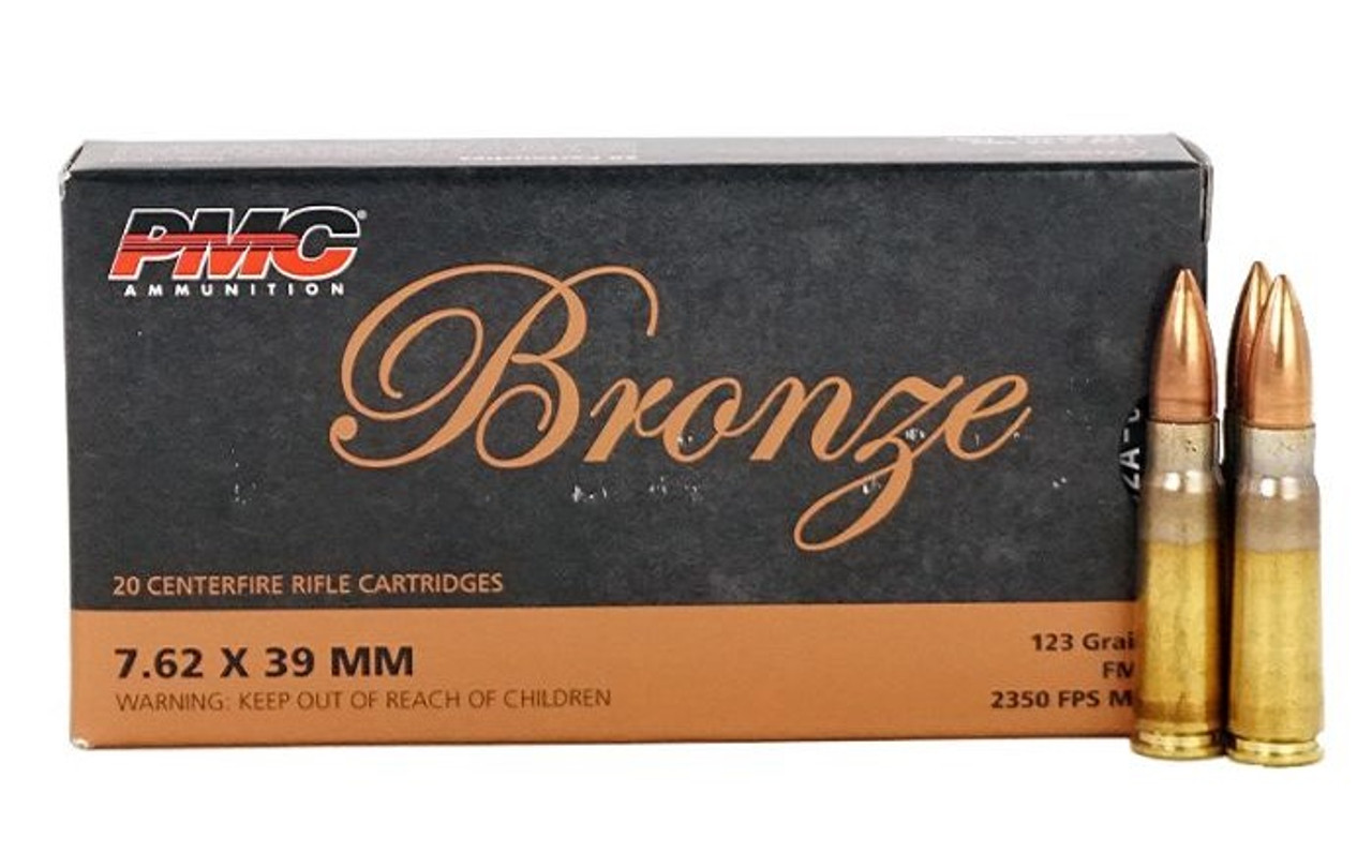 PMC Bronze - 7.62 X 39

Bronze bridges a gap for target shooters or hunters who get genuine pleasure from challenging themselves, shot after shot, to become better marksmen.

Specifications:

Caliber: 7.62x39
Weight: 123 Grain
Bullet Style: Full Metal Jacket
Casing: Brass
Muzzle Velocity: 2350 fps
Muzzle Energy: 1495 ft. lbs.
Ballistic Coefficient: 0.266
Bullet Length: 0.895
Sectional Density: 0.255
Part #: PMC762A