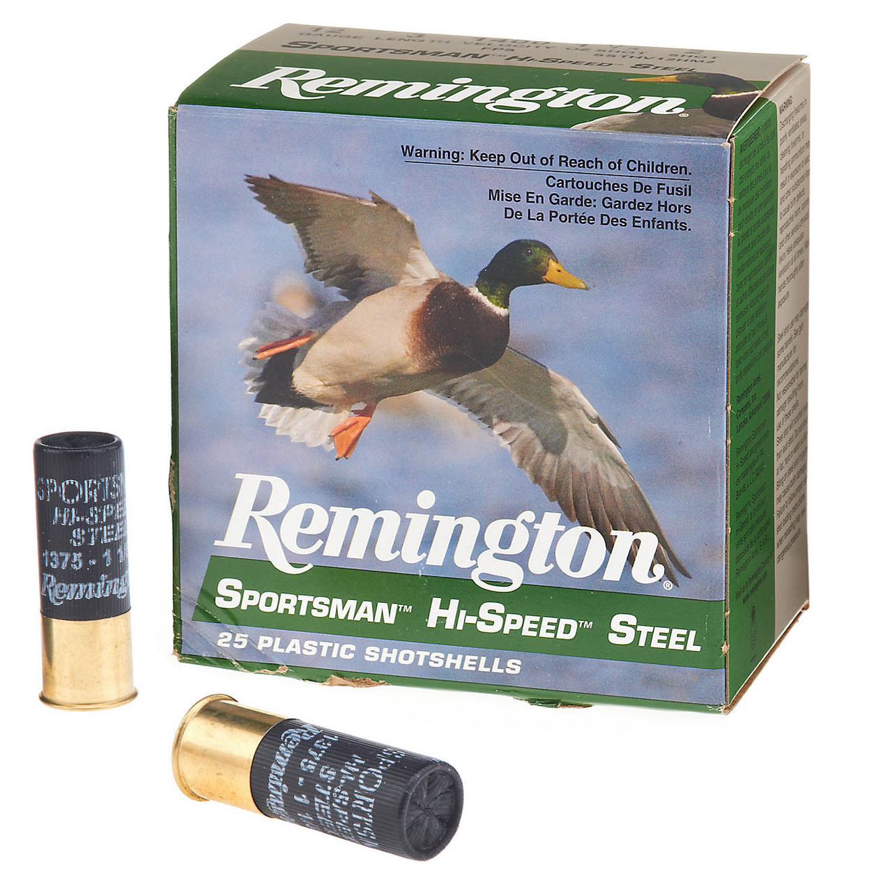 Features and Benefits
12 gauge
2 3/4" shell length
1-1/8 oz. shot
2 shot size
1,375 fps velocity
25-round box
Specifications
Gauge/bore: 12
Hunting - Species: Duck/Goose
Product Type: Shotshell Ammunition
Activity: Hunting
Ounce shot: 1-1/8
Hunting - Shot Type: Steel
Shell length (in.): 2 3/4"
Shot size: 2
What's in the Box
Remington™ Sportsman™ Hi-Speed™ Steel 12 Gauge Shotshells