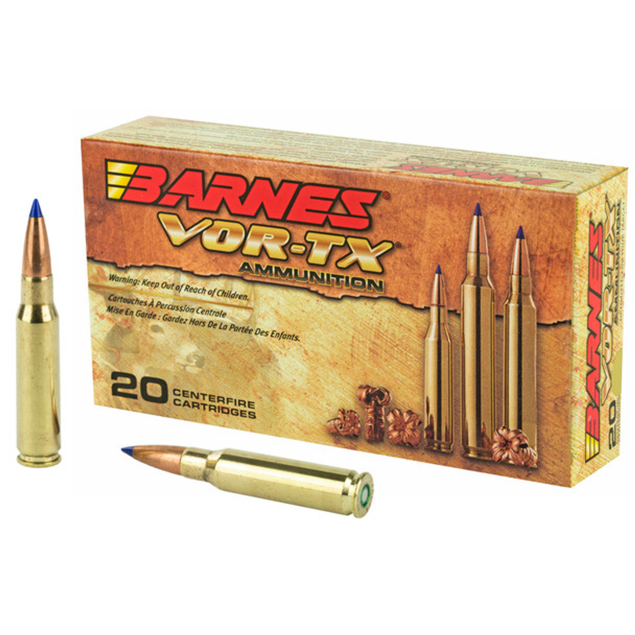 Barnes(R) VOR-TX(R) is precision ammunition loaded with the deadliest bullets on the planet. Barnes, the leader in bullet innovation offers hunters the ultimate in accuracy, terminal performance and handloaded precision in a factory loaded round. Offering double-diameter expansion, maximum weight retention and excellent accuracy, the TSX(R), Tipped TSX(TM), and TSX FN(TM) provide devastating energy transfer. Multiple grooves in the bullet's shank reduce pressure and improve accuracy. Bullets open instantly on contact - no other bullet expands as quickly. Nose peels back into four sharp-edged copper petals.

Barnes, VOR-TX, 308WIN, 168 Grain, Tipped Triple Shock X, Boat Tail, Lead Free, 20 Round Box, California Certified Nonlead Ammunition
308 Winchester
2,700 Feet per second
168 Grain TTSX boat tail
20 Rounds per box
Lead free