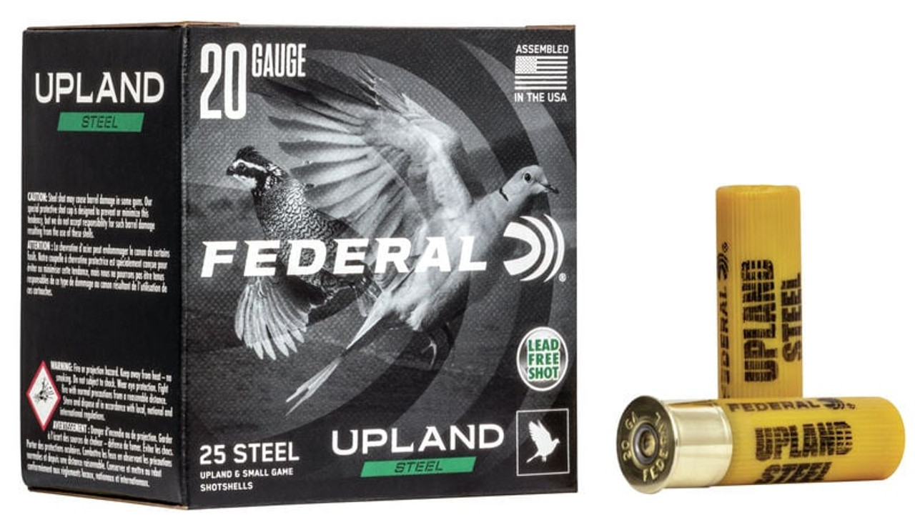 Federal Upland Steel 20 Gauge Ammunition 2-3/4" #6 Steel Shot 3/4 Ounce 1500 fps USH206
 Lead Free and Hard Hitting Shells From Federal.  Federal Upland Steel lets you serve up a better pattern to hit those fast and high flying hard to hit birds. These shells are reliable and fast to make the most of the steel payload they are perfect for doves and other light upland birds. And if you want to or have to use lead free these rounds get you back out there. Make sure you pick up a box or two for your next dove or quail hunt.

Federal Upland Steel Ammunition Specifications and Features:
Manufacturers Number USH20 6
20 Gauge
2-3/4" Shell Length
#6 Steel Shot
3/4 Ounce
Quality steel payloads
High velocities
Reliable performance
For fast-paced, high-volume dove hunts and other upland game
Muzzle Velocity 1500 fps
Uses Hunting Doves and other Light Upland Birds
25 Rounds Per Box